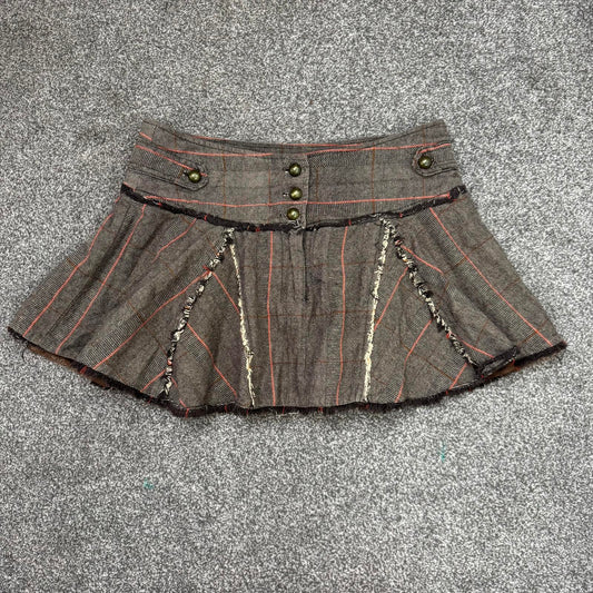 Y2K vintage Bay mini skirt tartan fraying hem buttons buttons orange brown