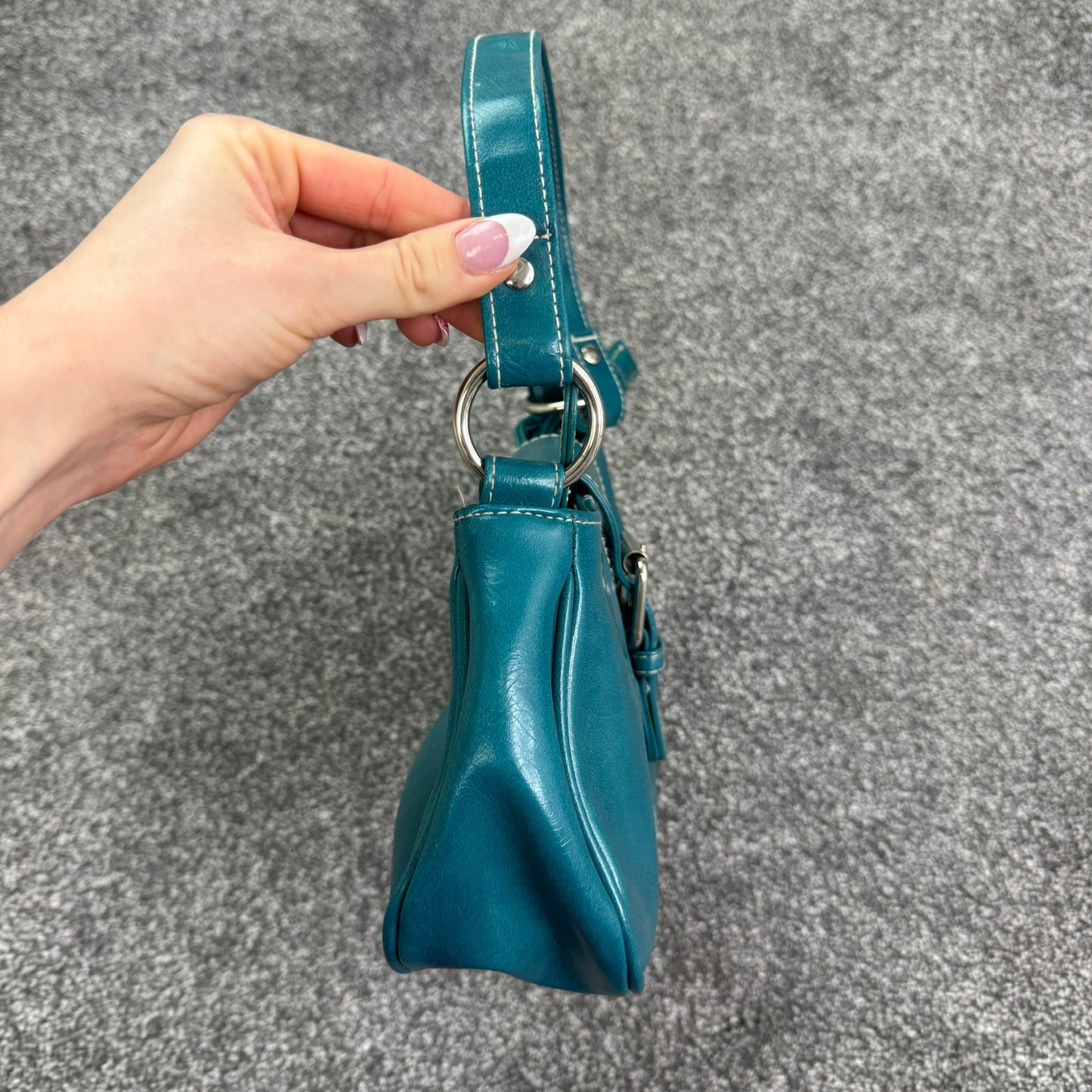 Y2K vintage blue faux leather buckle o ring mini shoulder bag