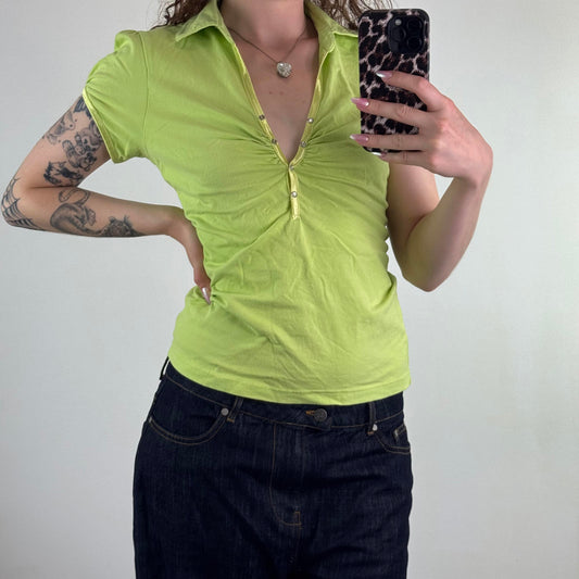 Y2K vintage ruched button up short sleeve polo t shirt bright green v neck