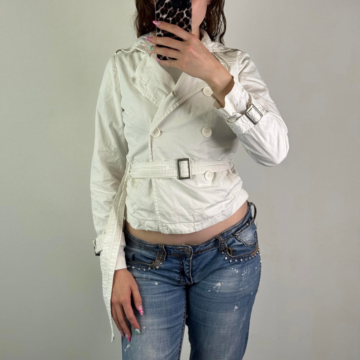 Y2K vintage lightweight button up jacket with belt short trench fitted high neck