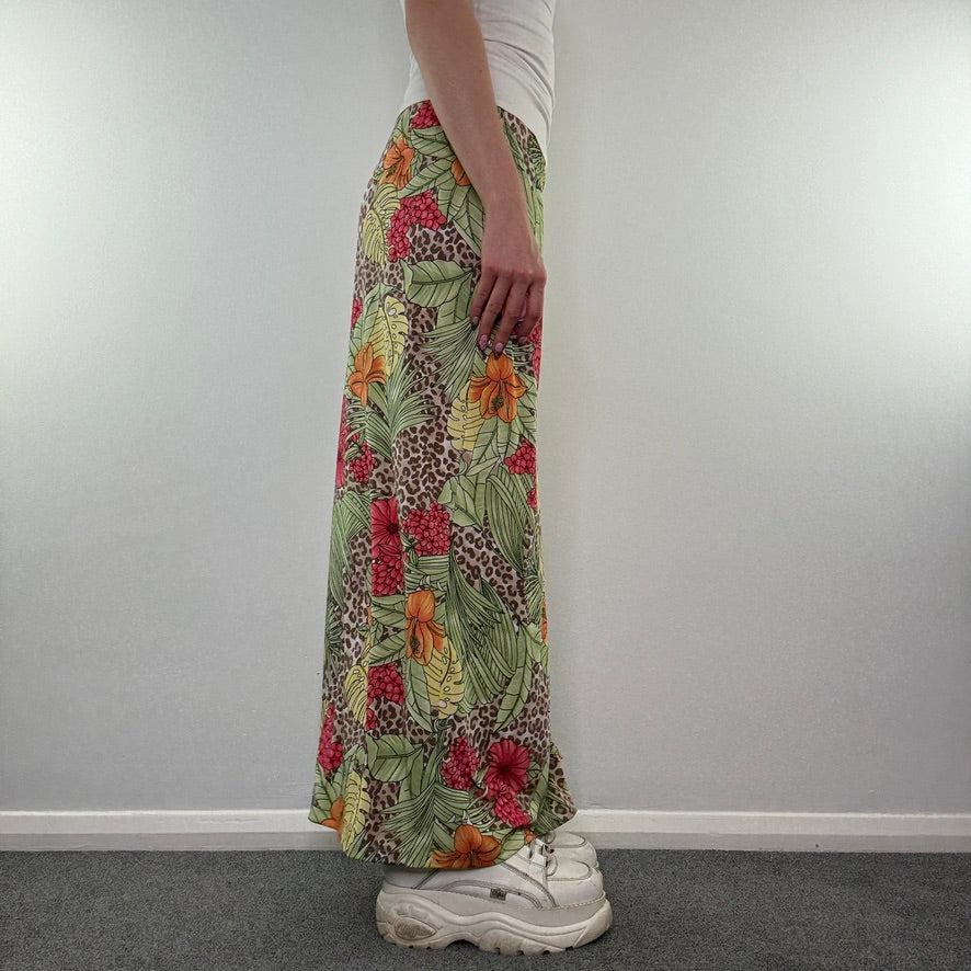 Y2K vintage leopard palm tree floral stretchy maxi skirt