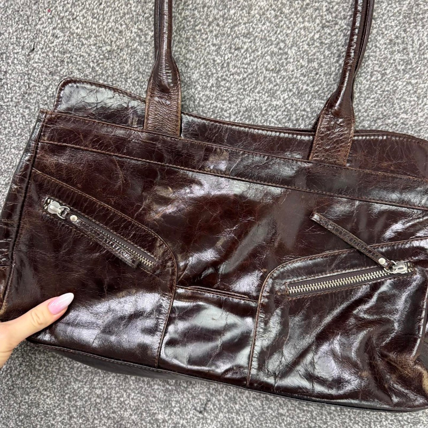 Y2K vintage genuine real leather patent shoulder bag zippers shiny medium size