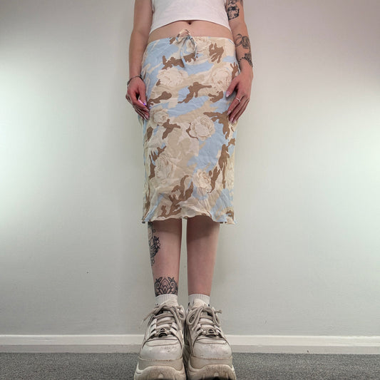 Y2K vintage camo print rose floral bow midi skirt