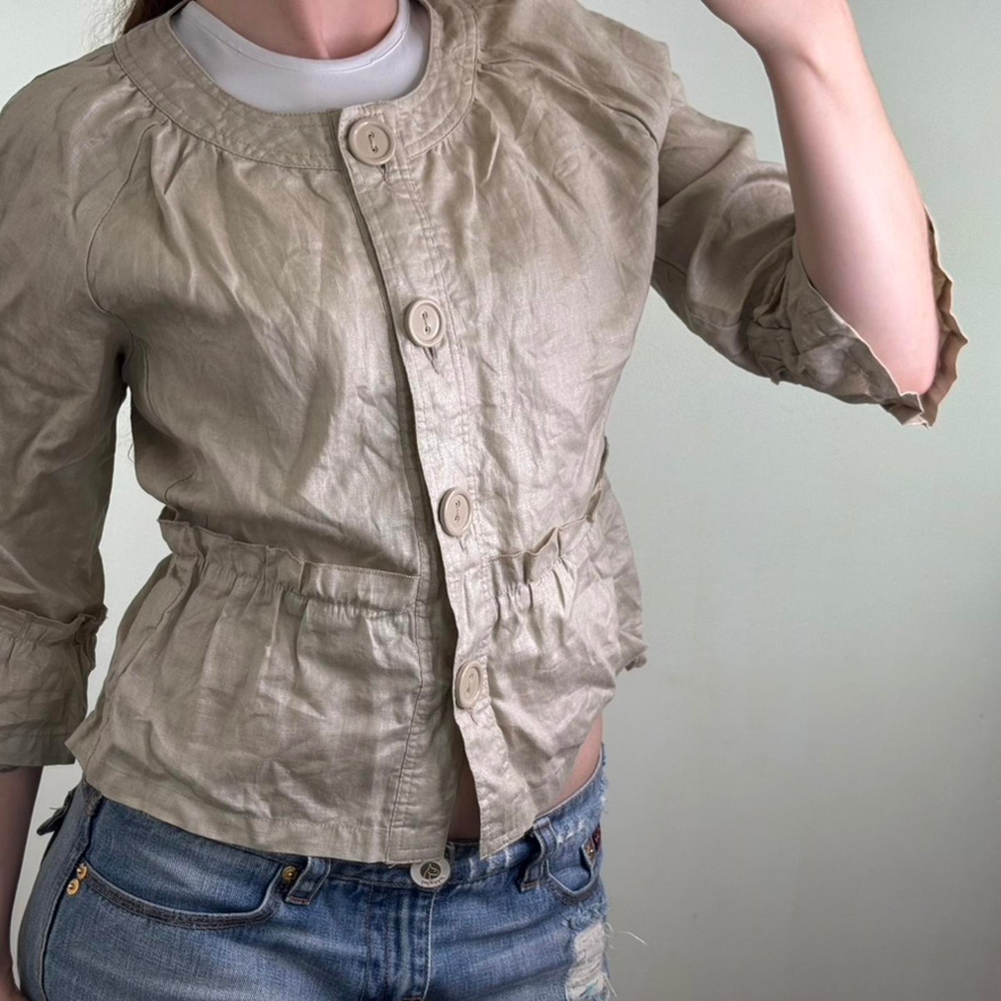 Y2K vintage 100% pure linen lightweight button up jacket short length 3/4 sleeve