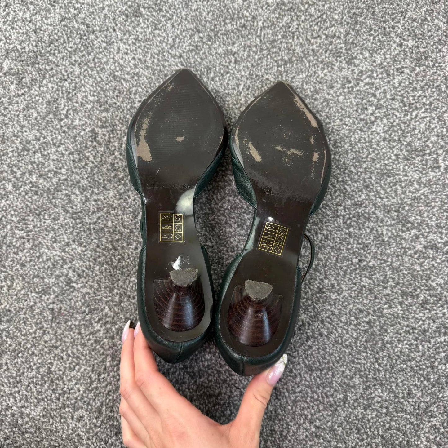 Y2K vintage genuine leather kitten heels pointed toe bow strappy dark green