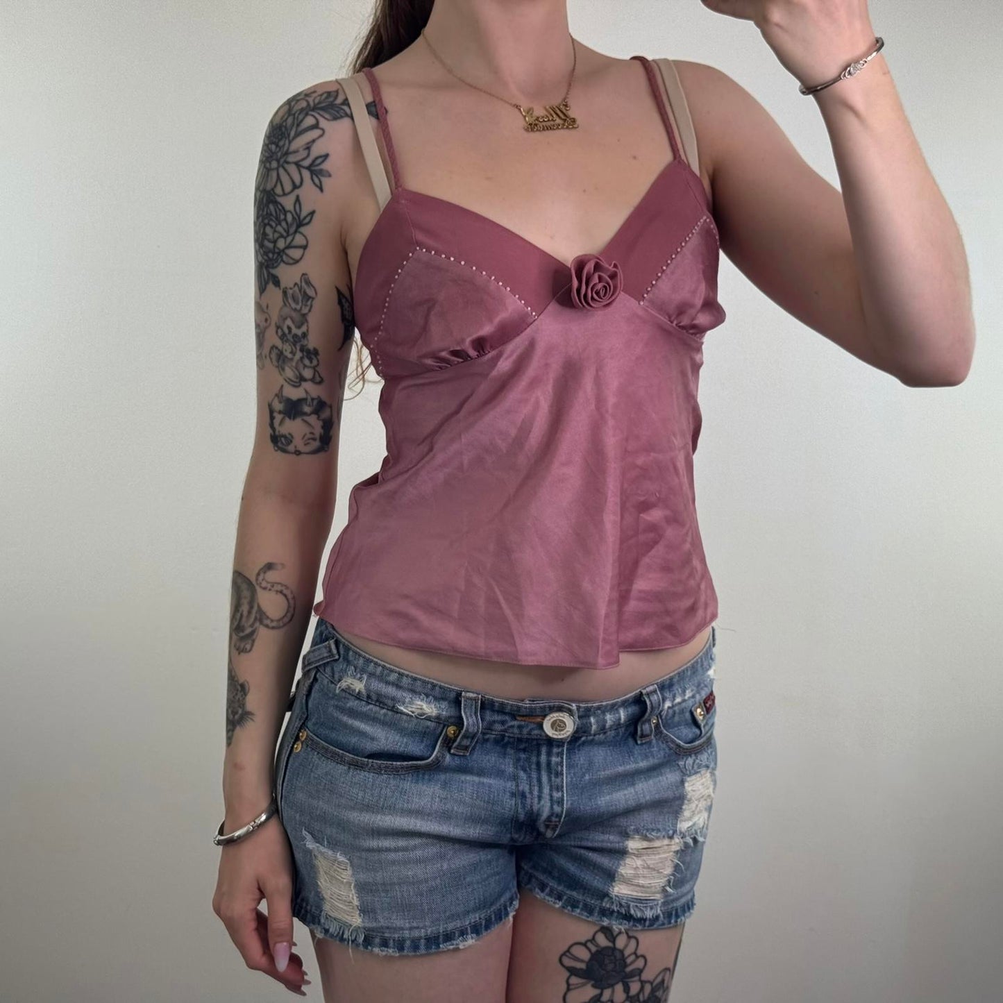 Y2K vintage floral cami top floaty beaded 3D rose dusty pink strappy coquette