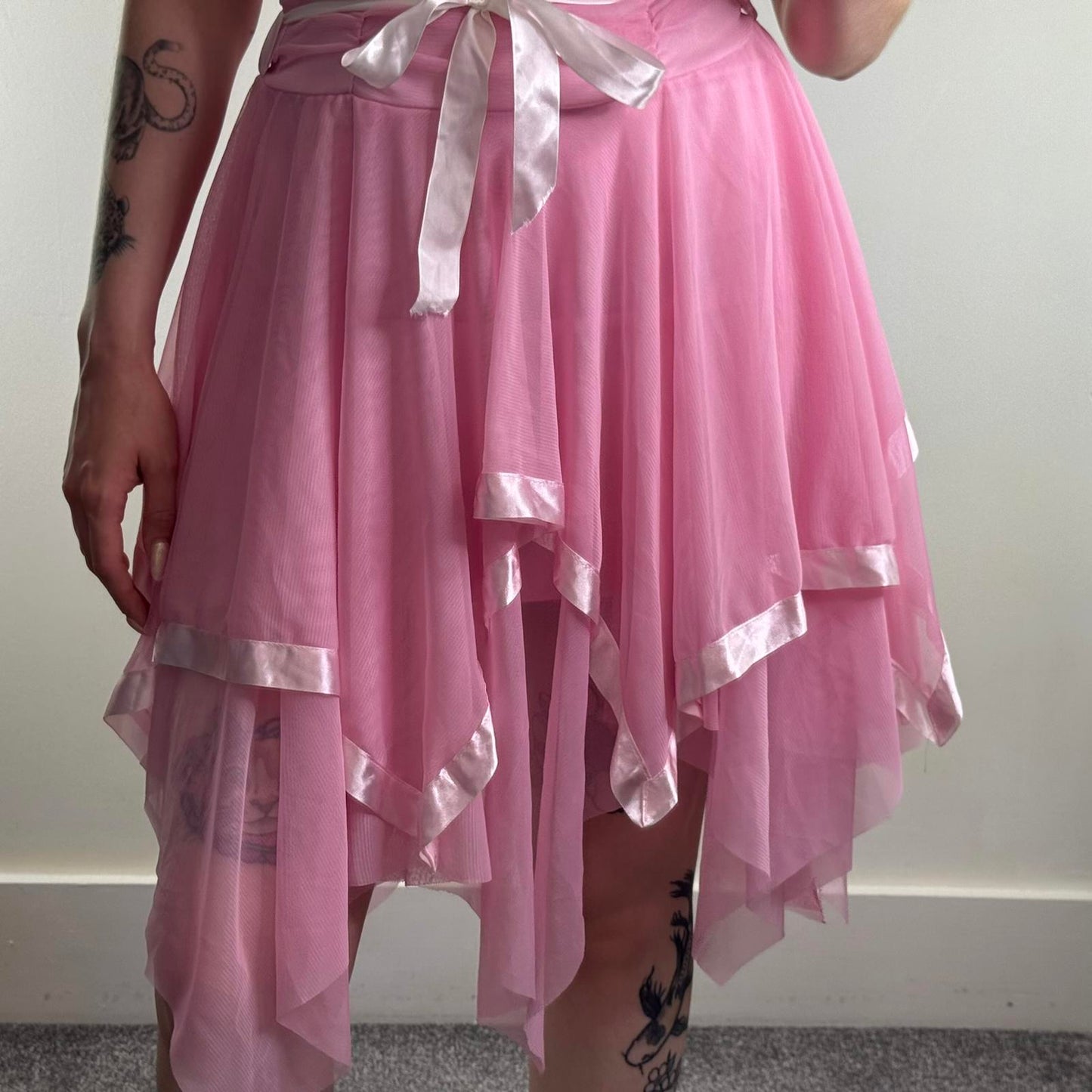 Y2K vintage fairy mesh asymmetrical midi dress layered ruffle satin baby pink