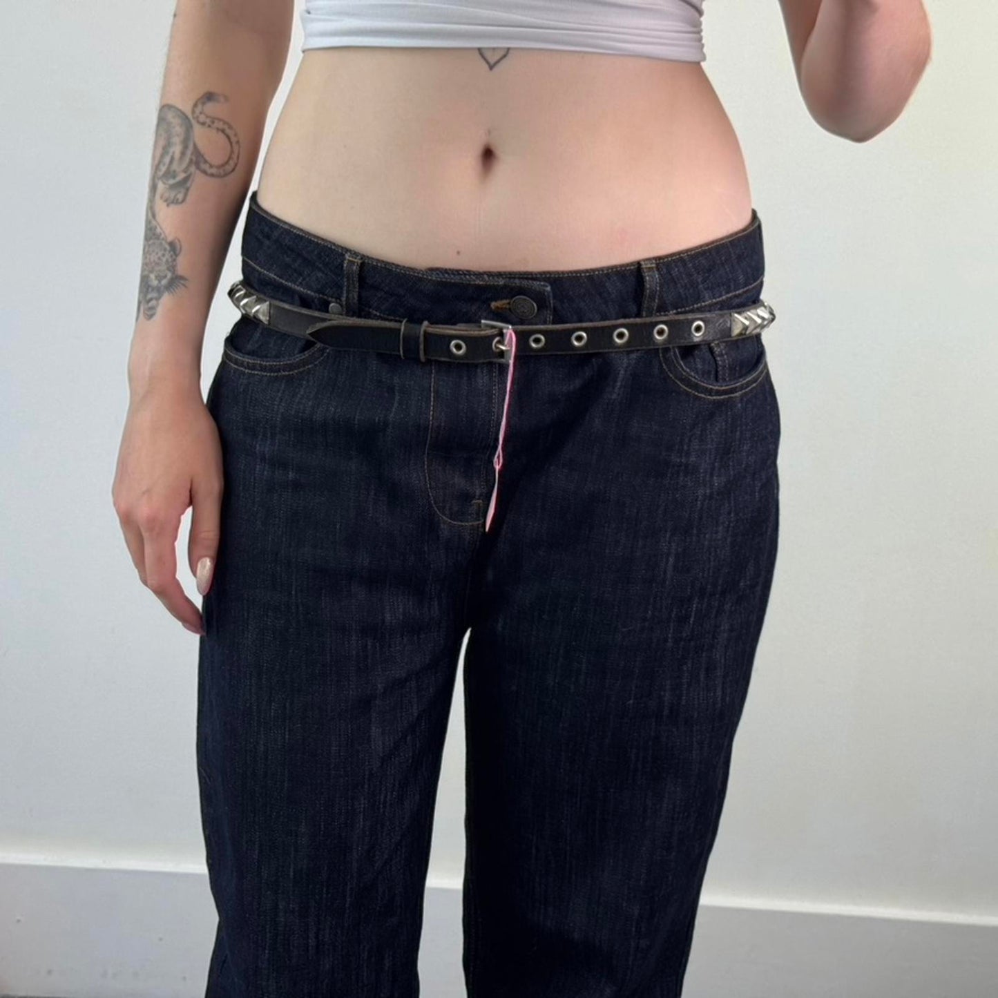 90s Y2K vintage genuine leather studded red gem rhinestone thin skinny belt