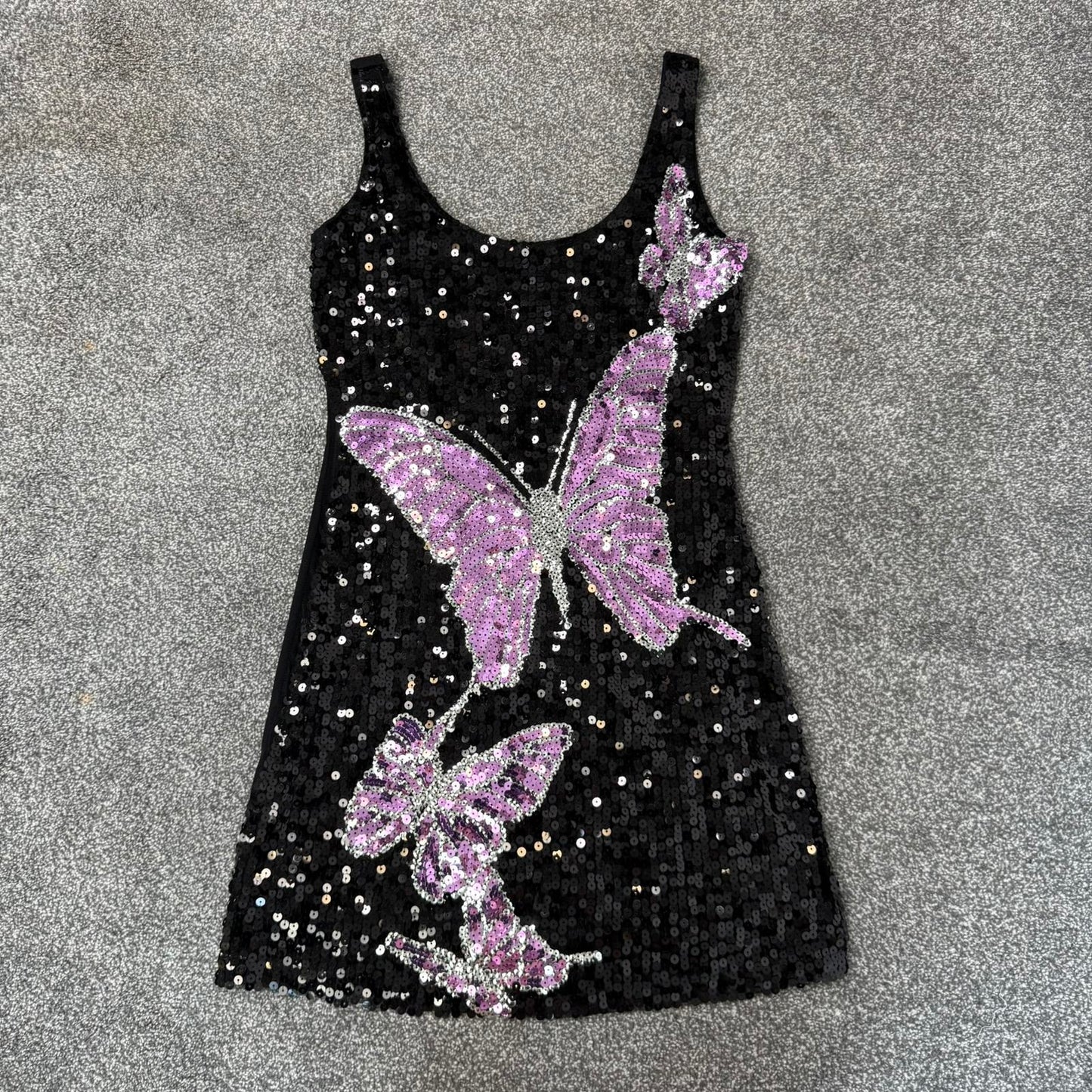Y2K vintage sequin butterfly mini dress black purple mesh round neck festival