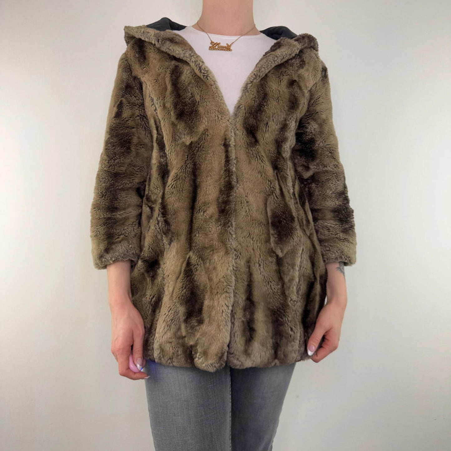 Y2K vintage faux fur coat stripe oversized hood archive two tone brown bubble