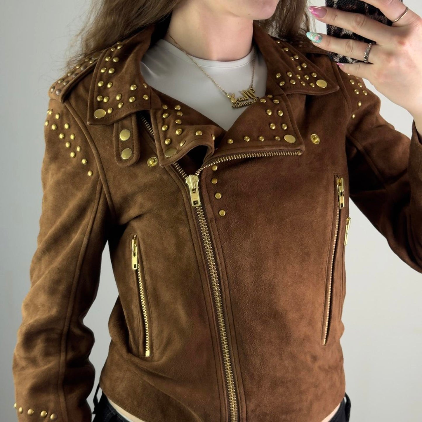 Vintage suede studded asymmetrical zipper jacket biker boho 2010s archive short