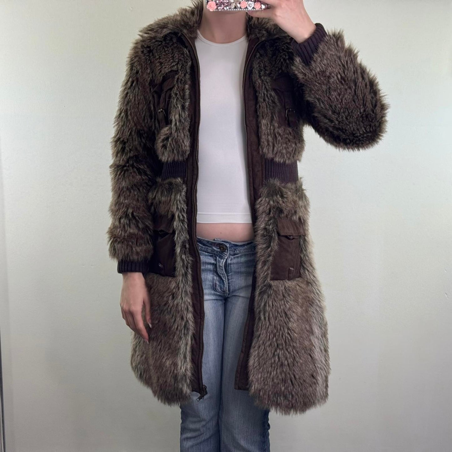 Y2K vintage faux fur long zip up coat cargo pocket faux suede ribbed cuffs