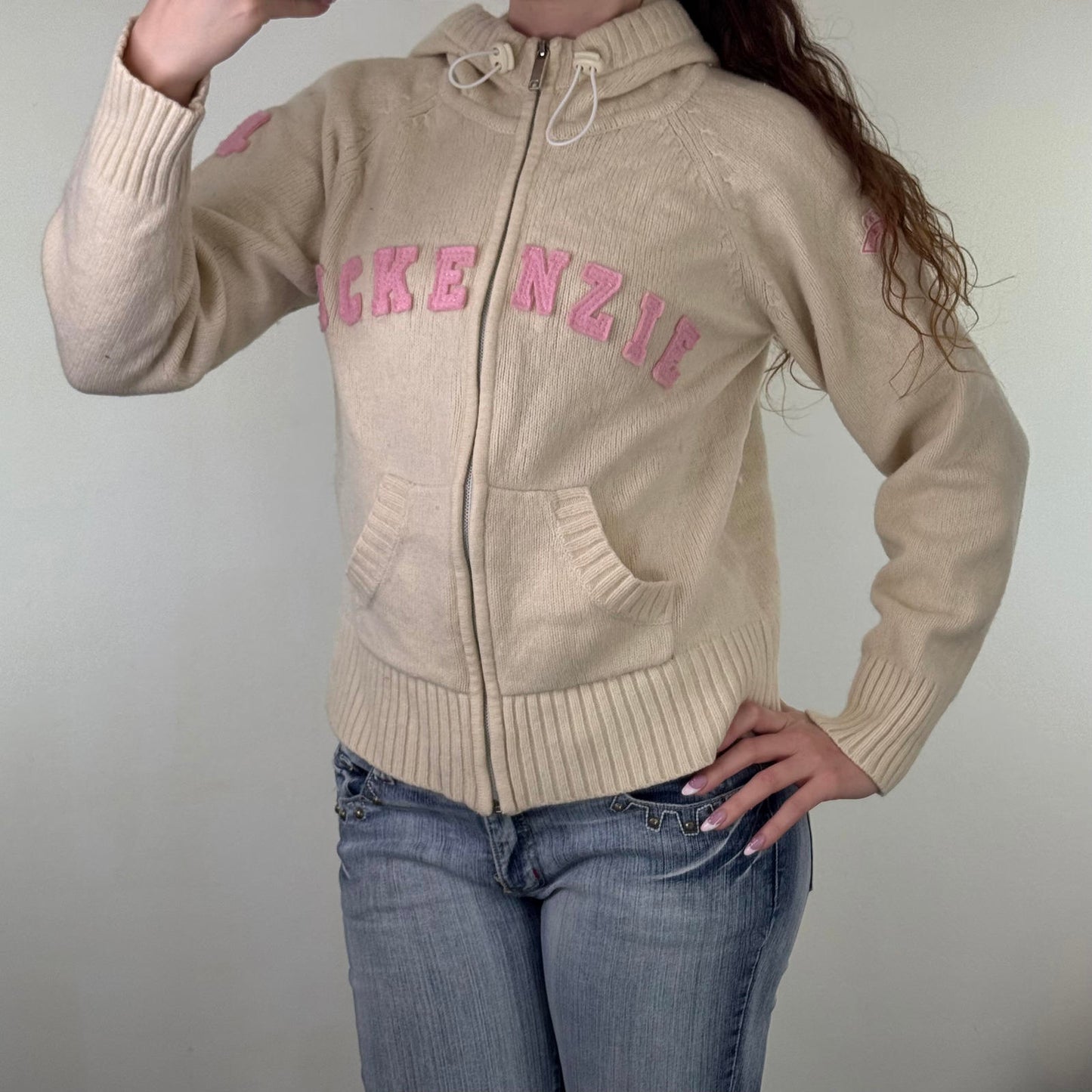 Y2K vintage McKenzie wool blend zip up hoodie pink toggles cream pink