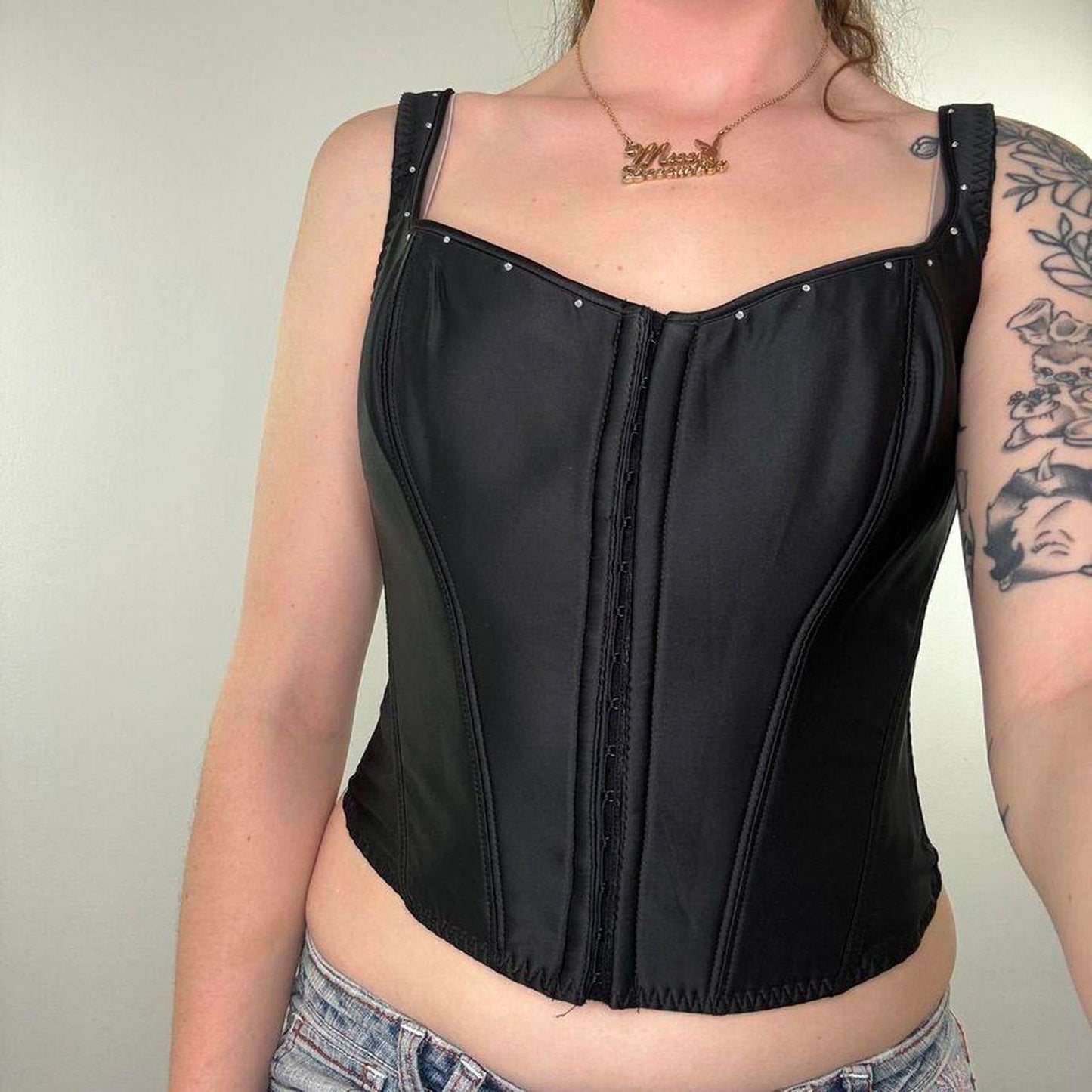 Y2K vintage satin rhinestone boned bustier hook and eye top lace up