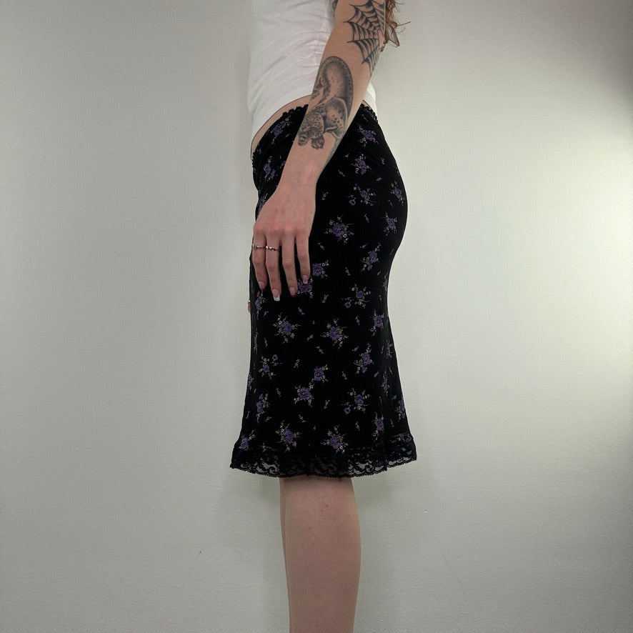 Y2K ditsy floral mesh overlay lace trim midi skirt