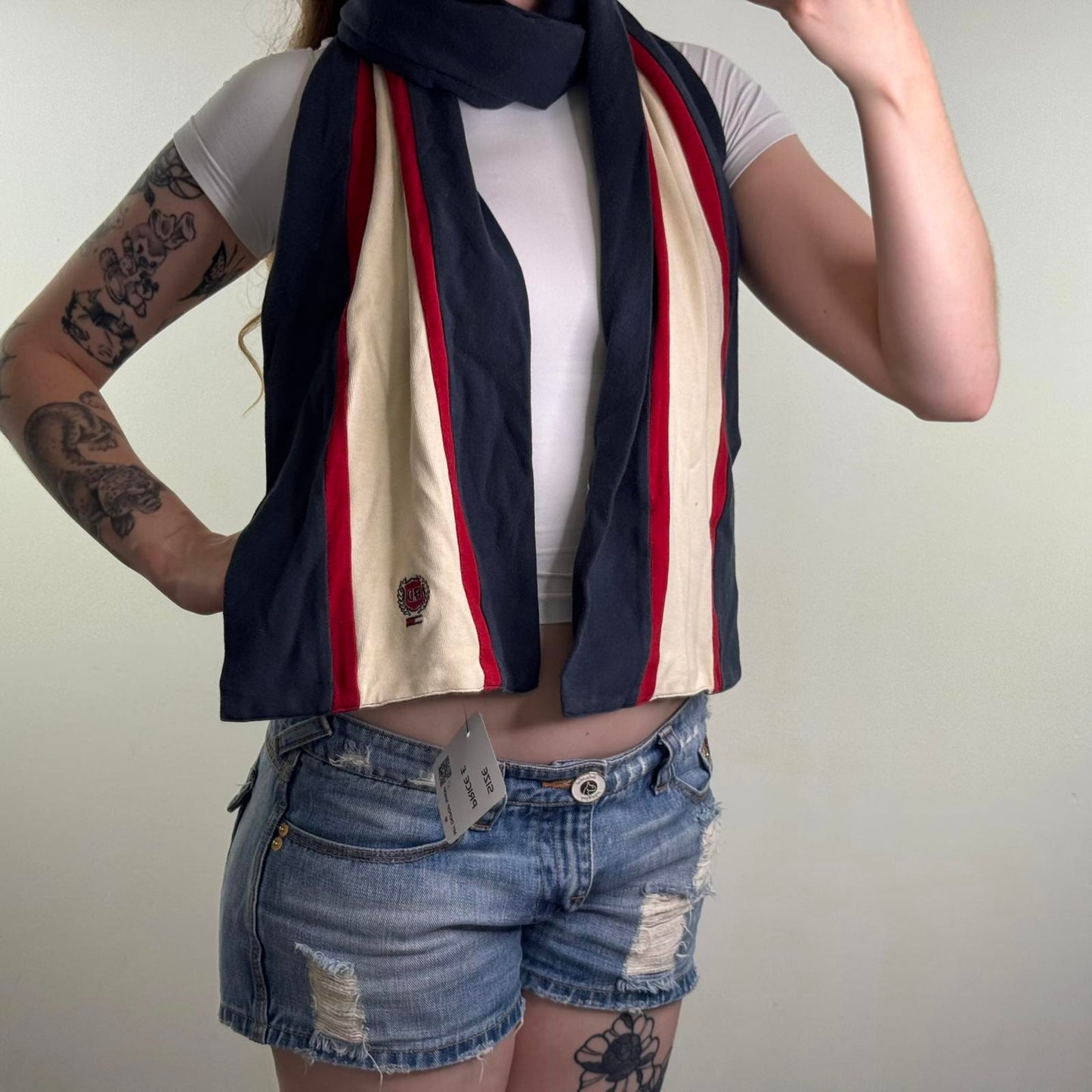 Y2K vintage Tommy Hilfiger denim scarf reversible unisex stripe embroidered