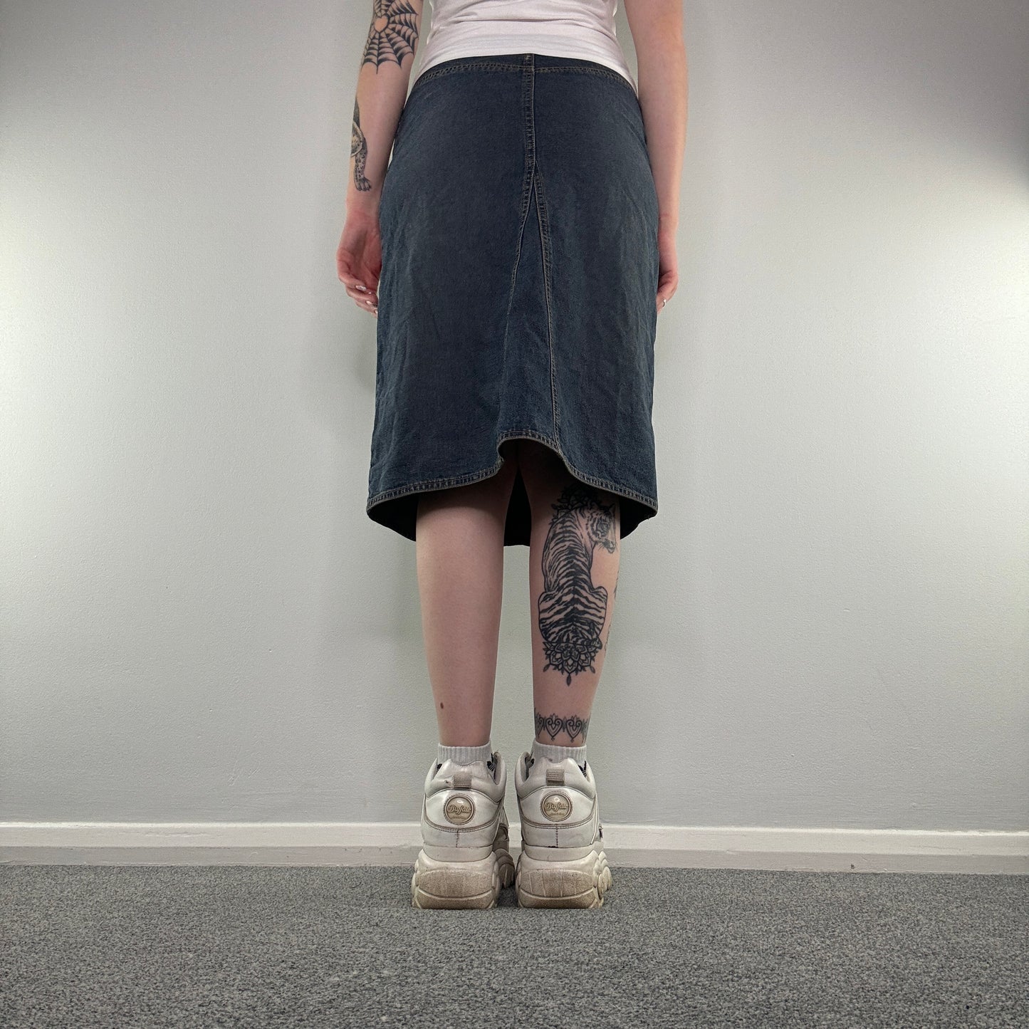 Y2K denim low rise midi skirt