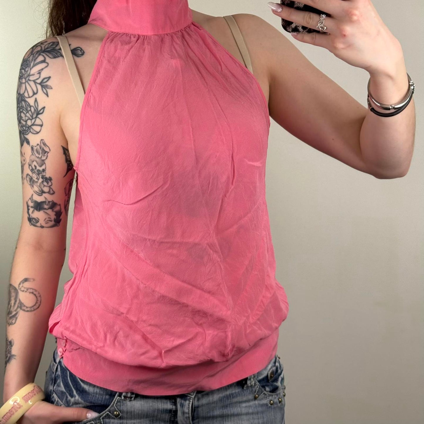 Y2K vintage 100% silk choker blouse sleeveless high neck pink buttons keyhole