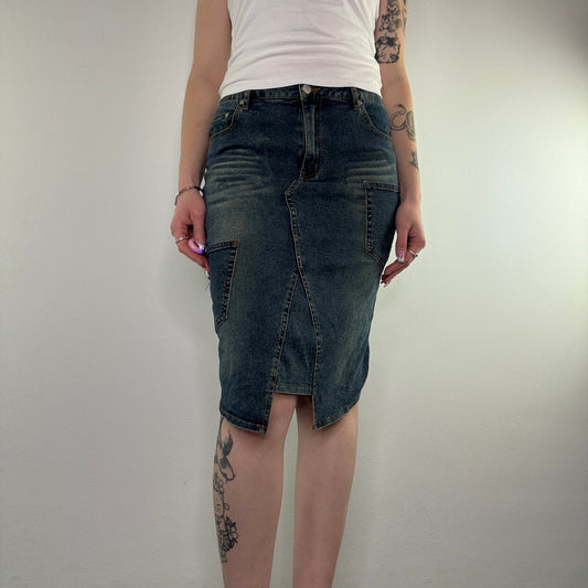 Y2K faded denim pocket archive cargo midi skirt