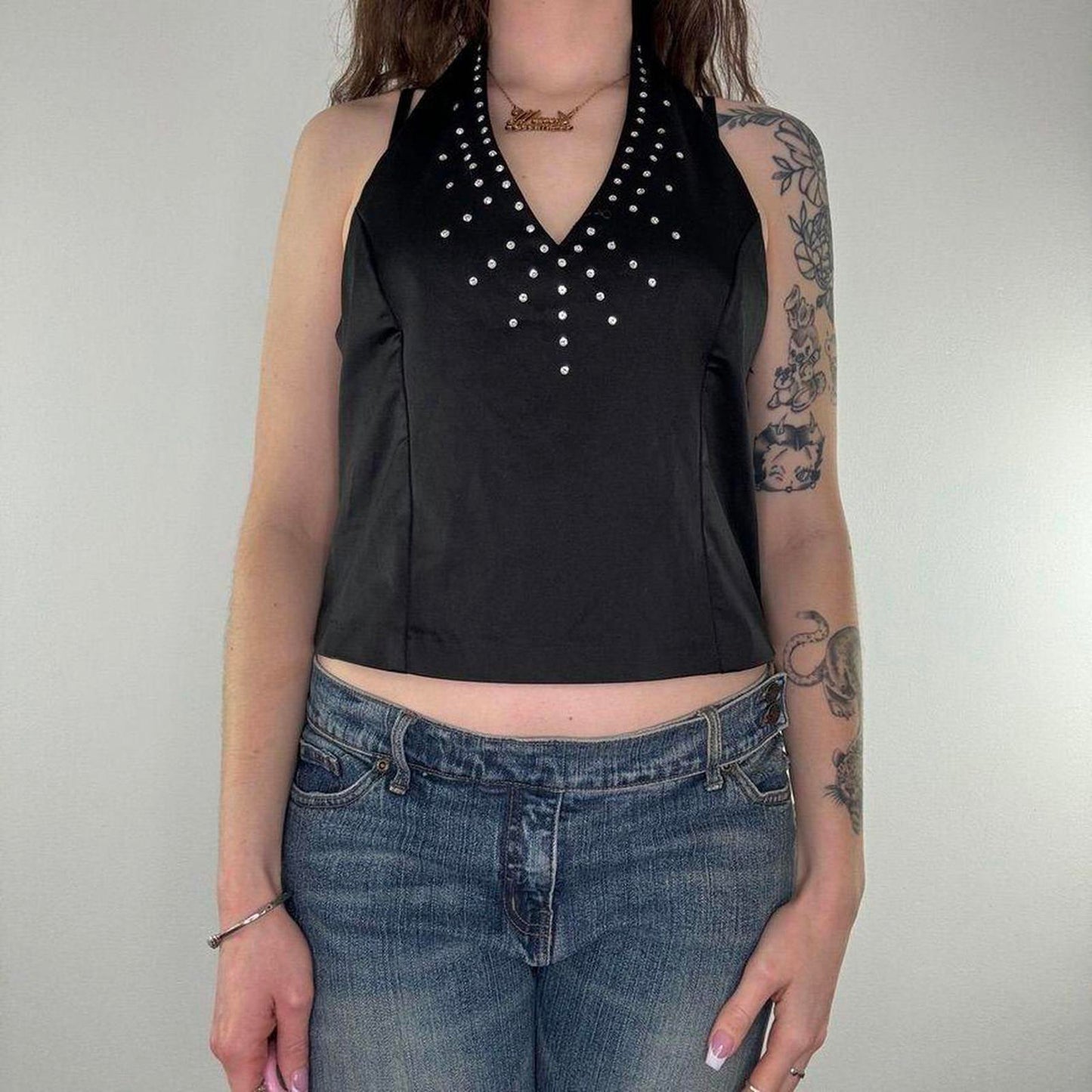 Y2K vintage satin sequin halter neck top embellished fitted v neck