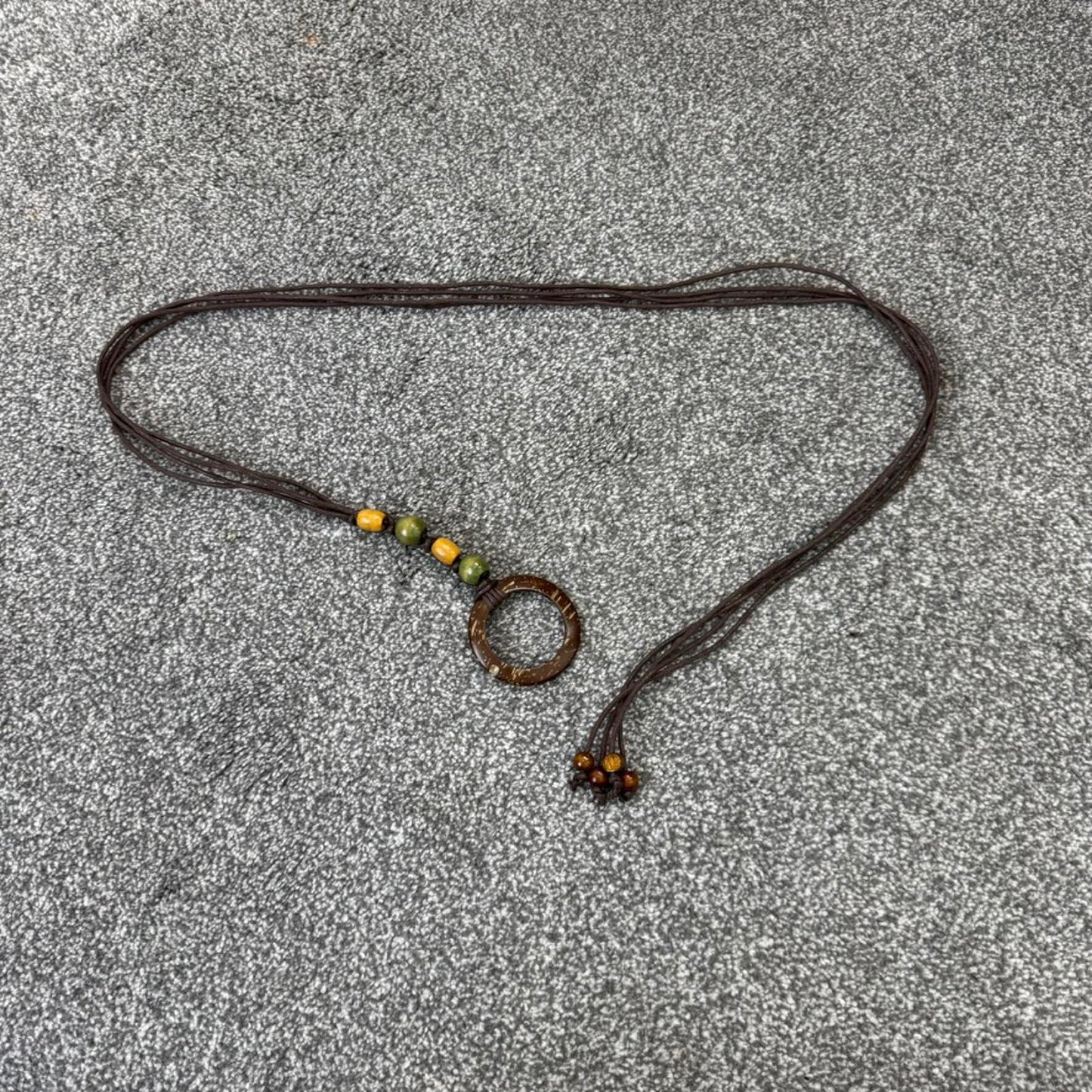 Y2K vintage string wooden beaded belt o ring brown yellow green tassel