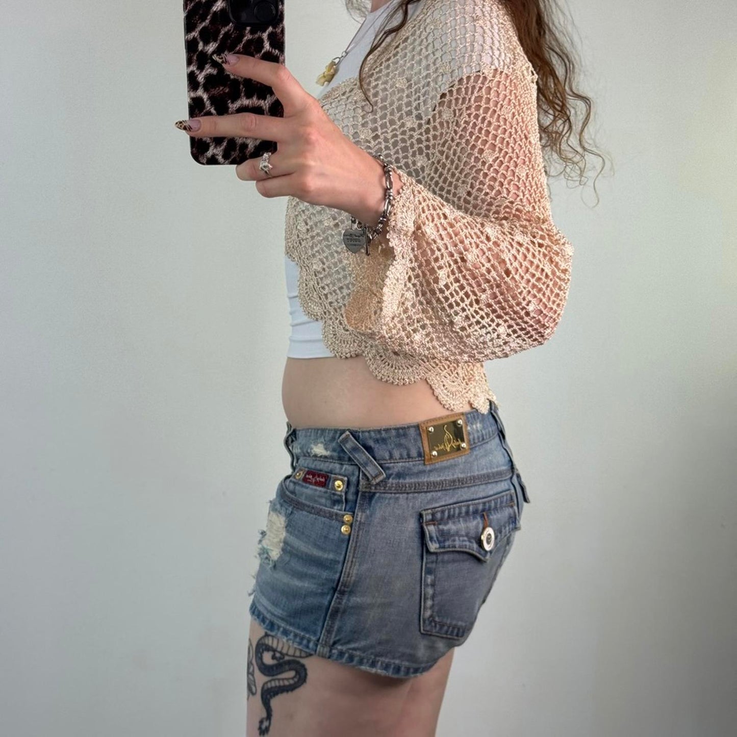 Y2K vintage sparkly knit crochet long flare sleeve cardigan scallop hem cream