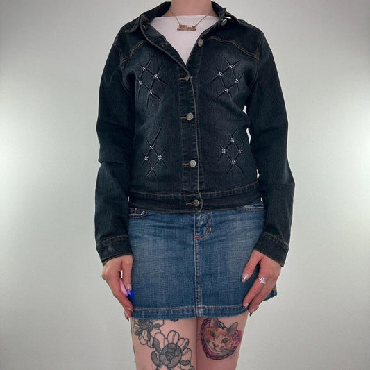 Y2K vintage rhinestone sparkle faded navy denim jacket dark wash button up