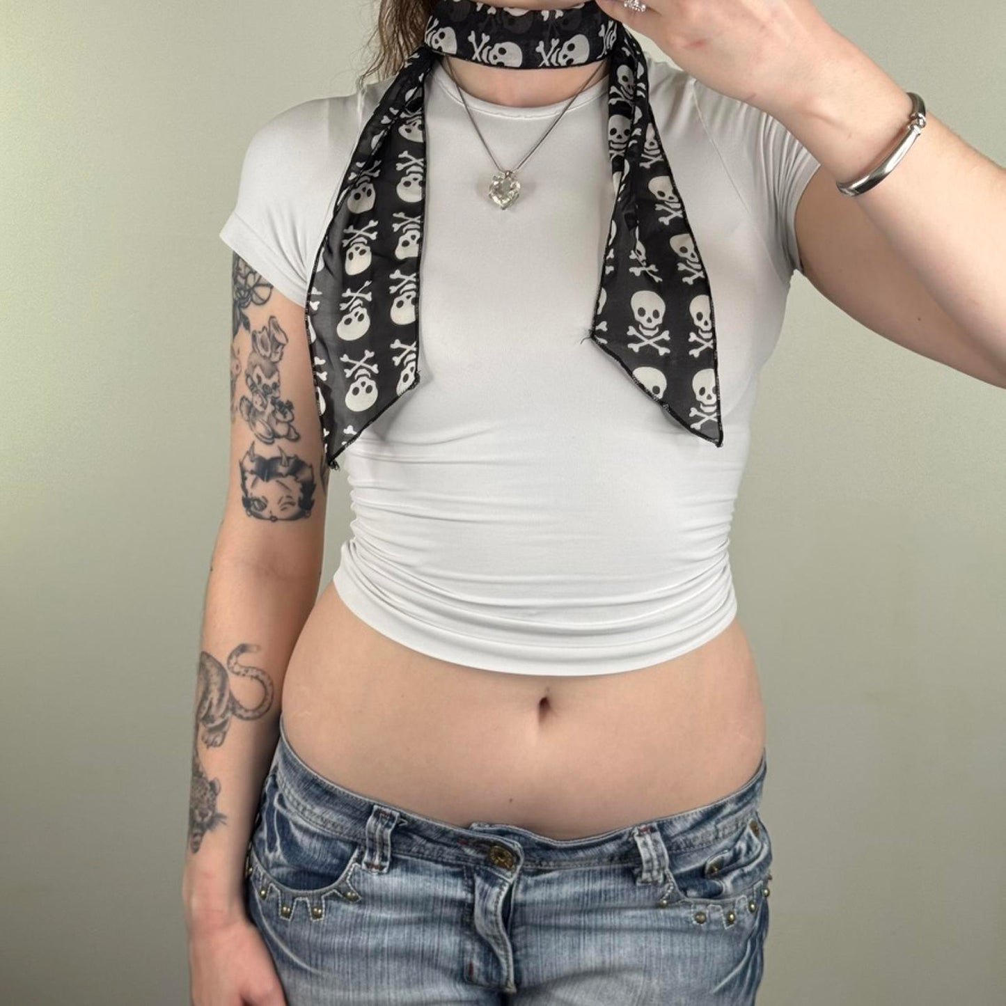 Y2K vintage sheer skull mini scarf short black white lightweight