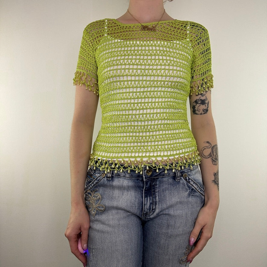 Y2K vintage crochet top lime green faux pearl beads summer cover up layering