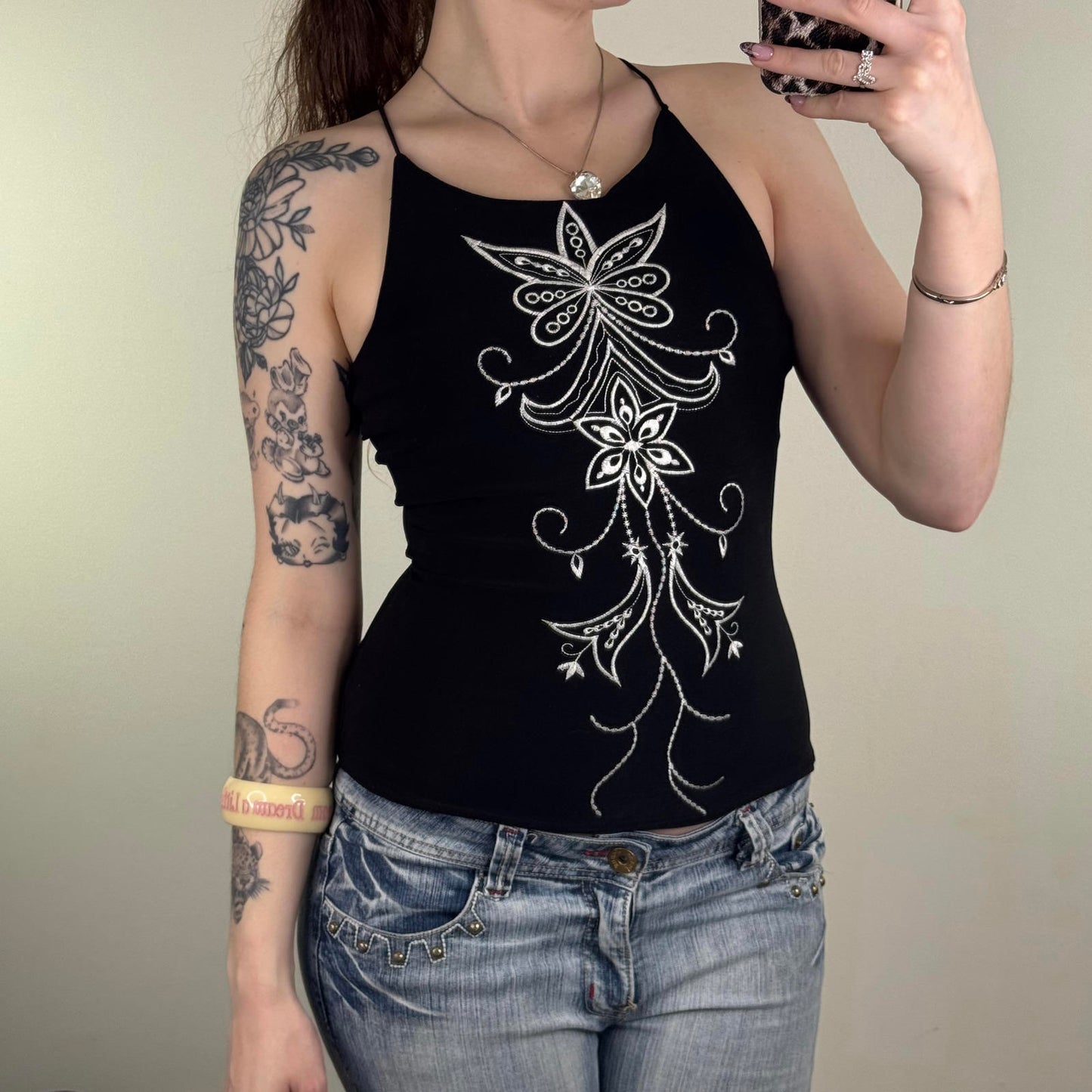 Y2K vintage slinky tank top high neck strappy floral embroidery pattern