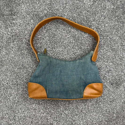 Y2K vintage denim faux leather mini shoulder bag zipper closure small blue brown