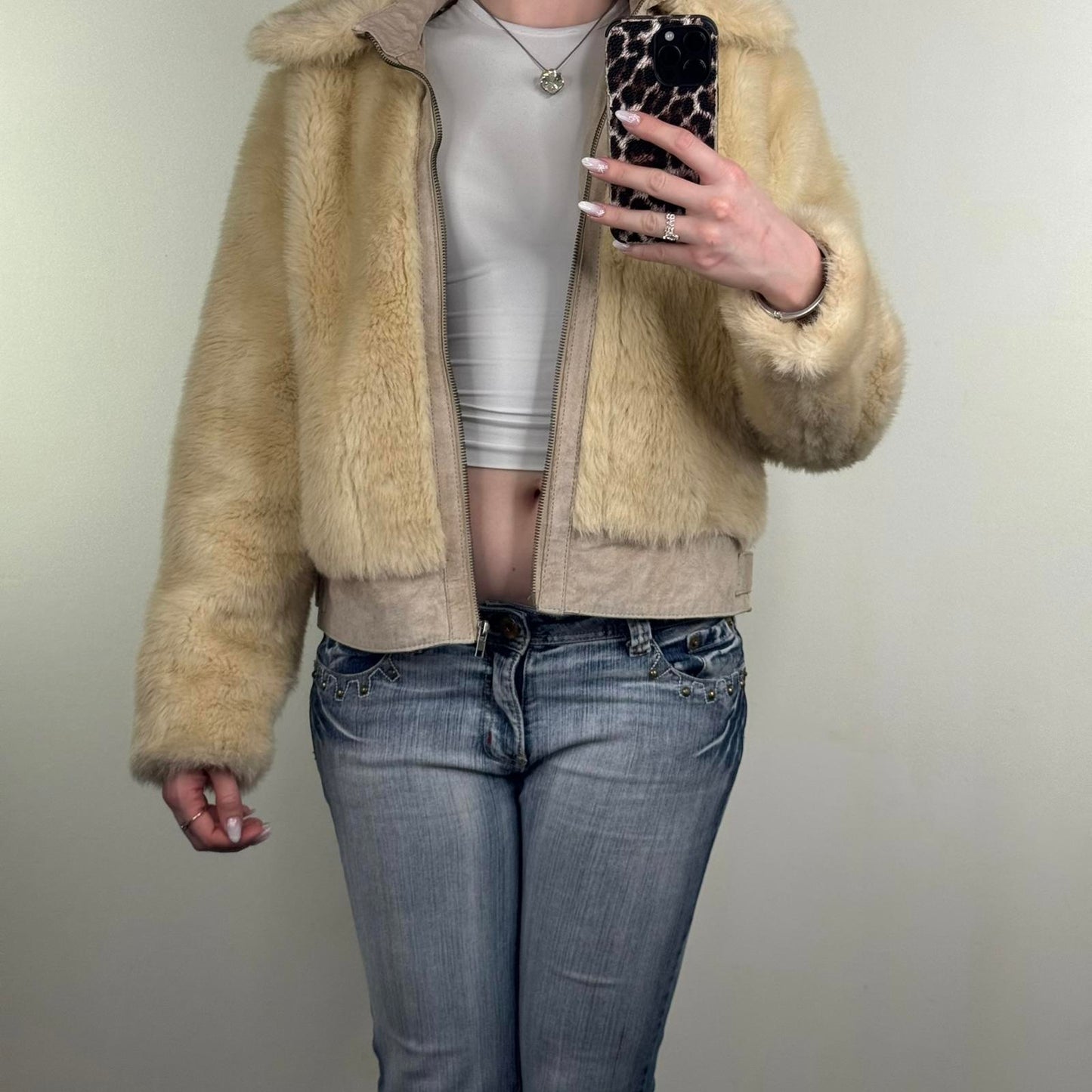 Y2K vintage faux fur zip up coat genuine suede trim collar beige fluffy