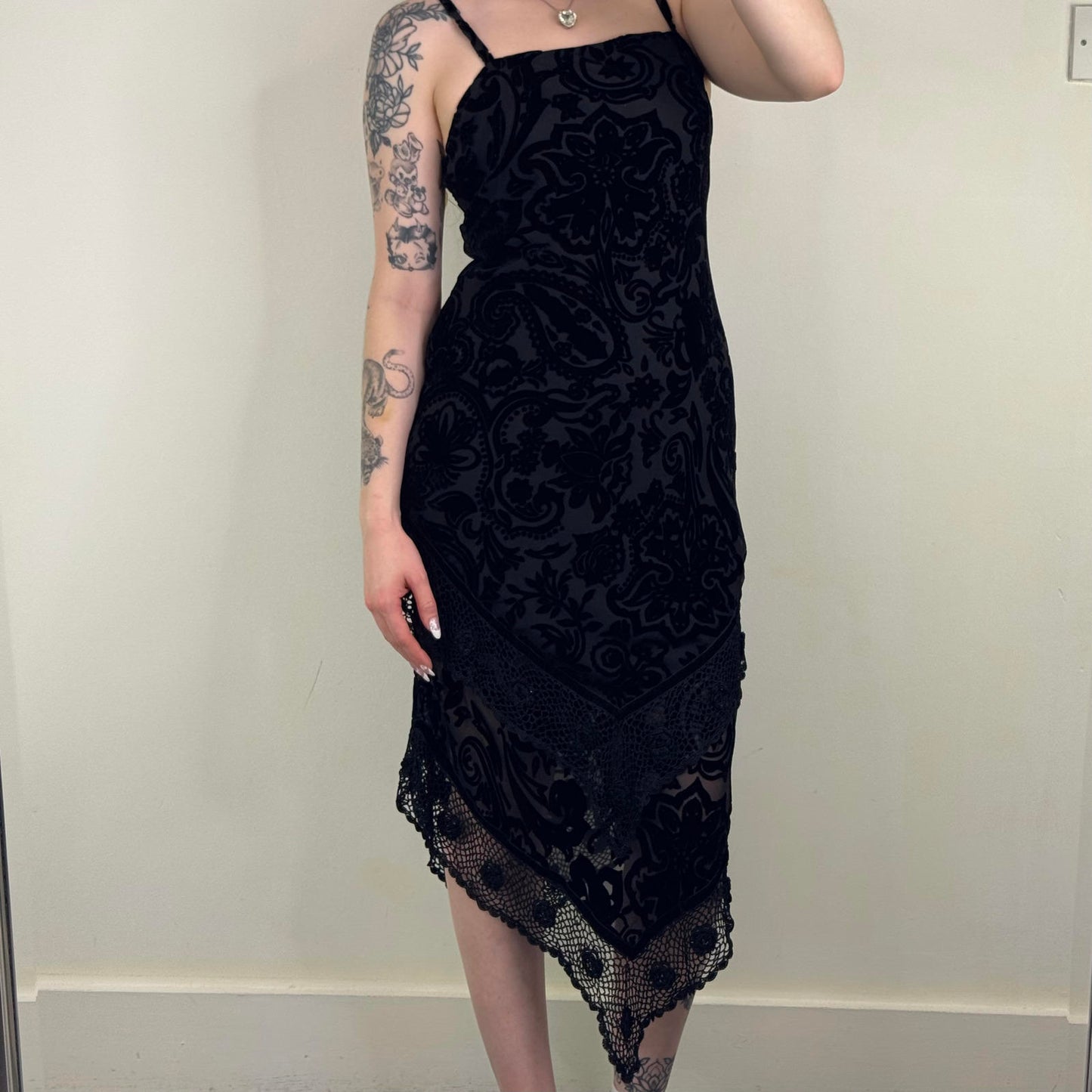 Y2K vintage Laura Ashley vintage maxi dress silk blend crochet hanky hem velvet