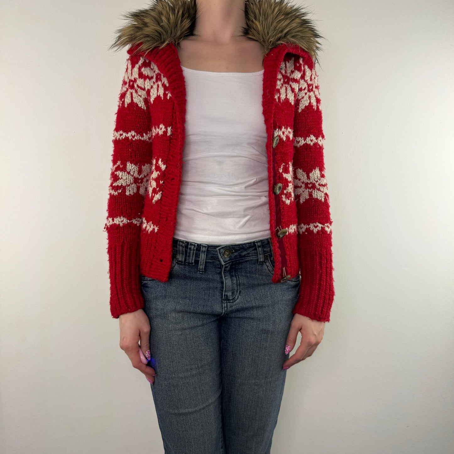 Y2K vintage Abercrombie & Fitch cardigan button up knit faux fur collar mcbling