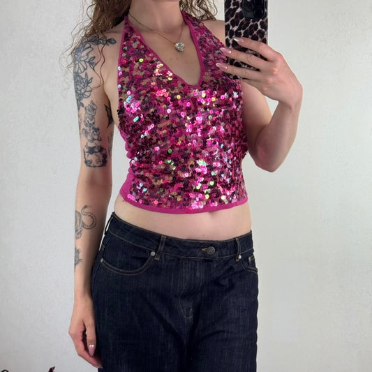 Y2K vintage halter neck sequin tank top fine knit embellished stretchy hot pink