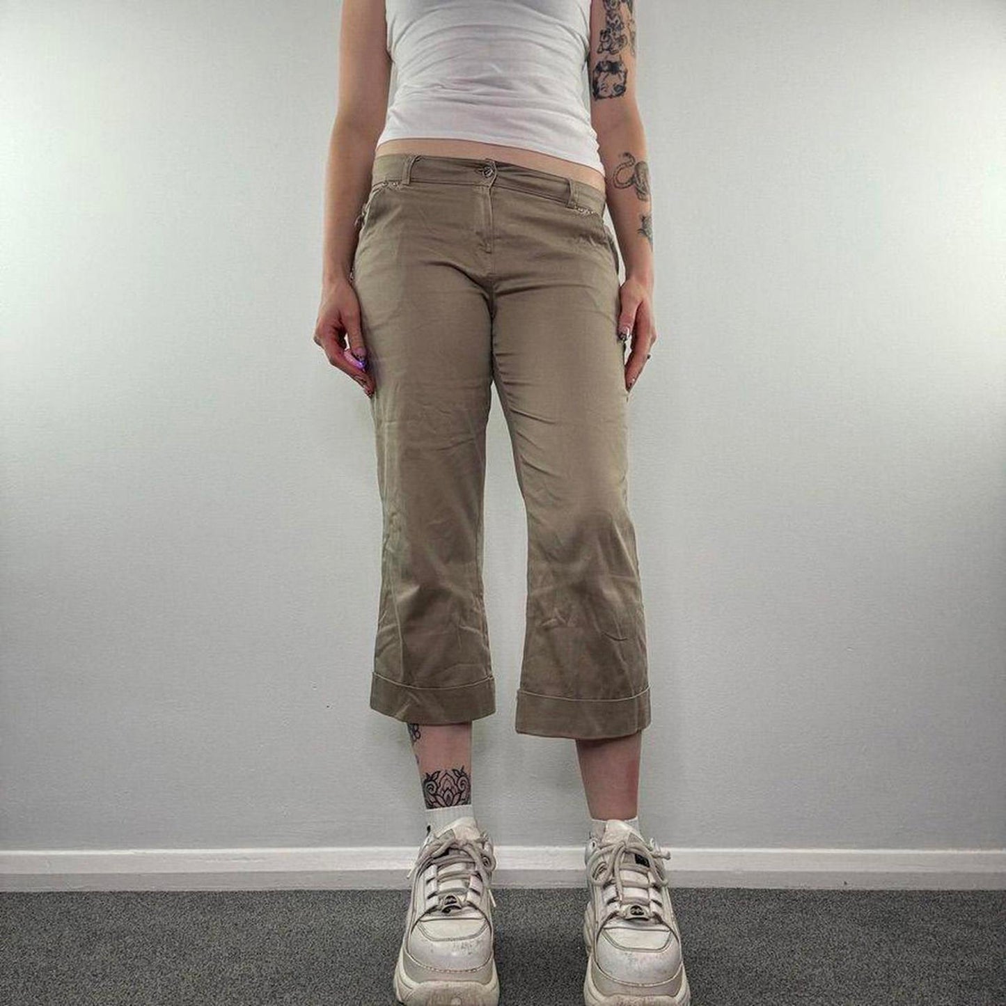 Y2K vintage stretchy low rise capri tribal embroidery trousers cropped studded