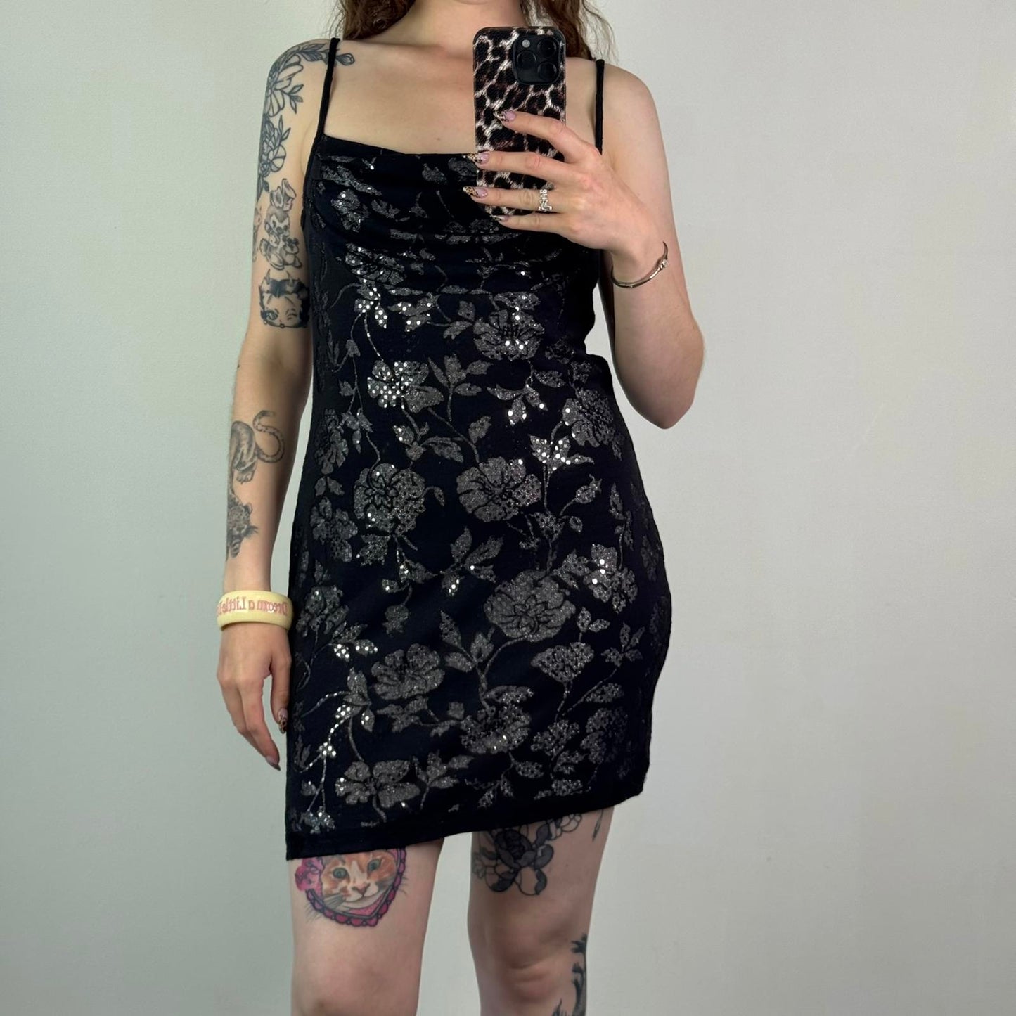 Y2K vintage mini dress sequin cowl neck floral mesh festival party strappy
