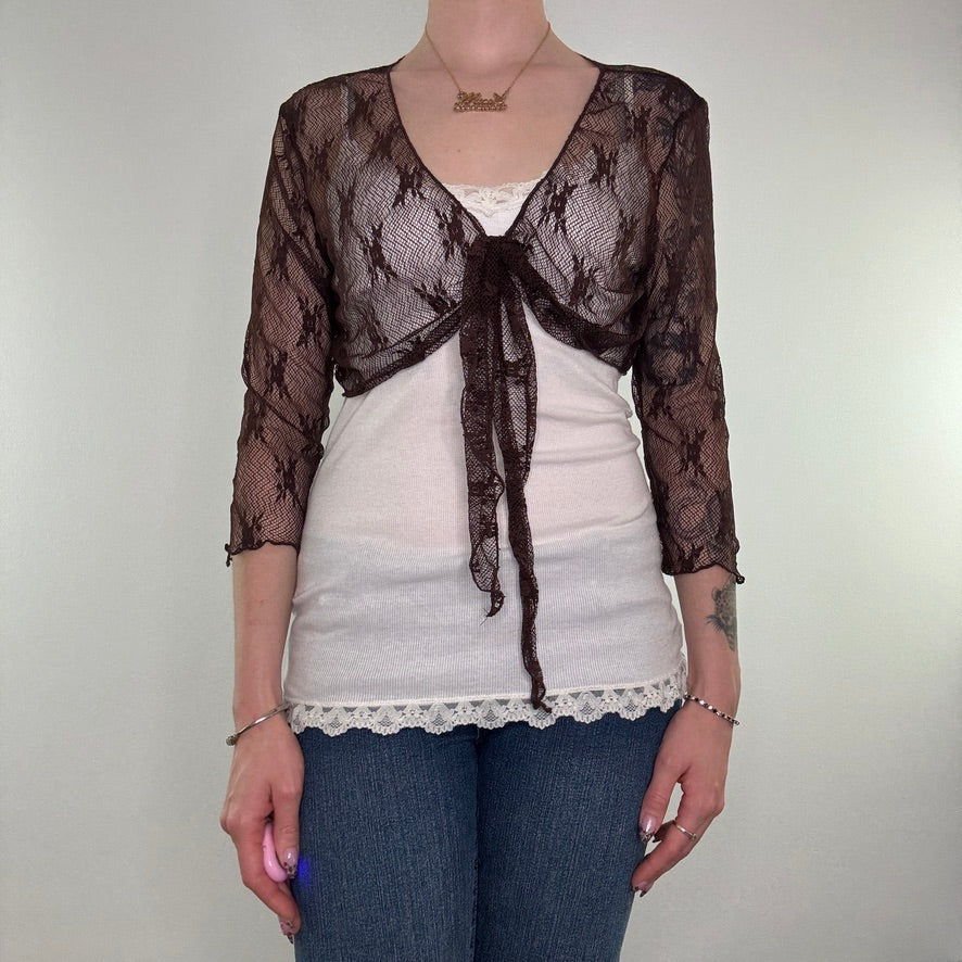 Y2K vintage lace floral mesh cardigan tie front