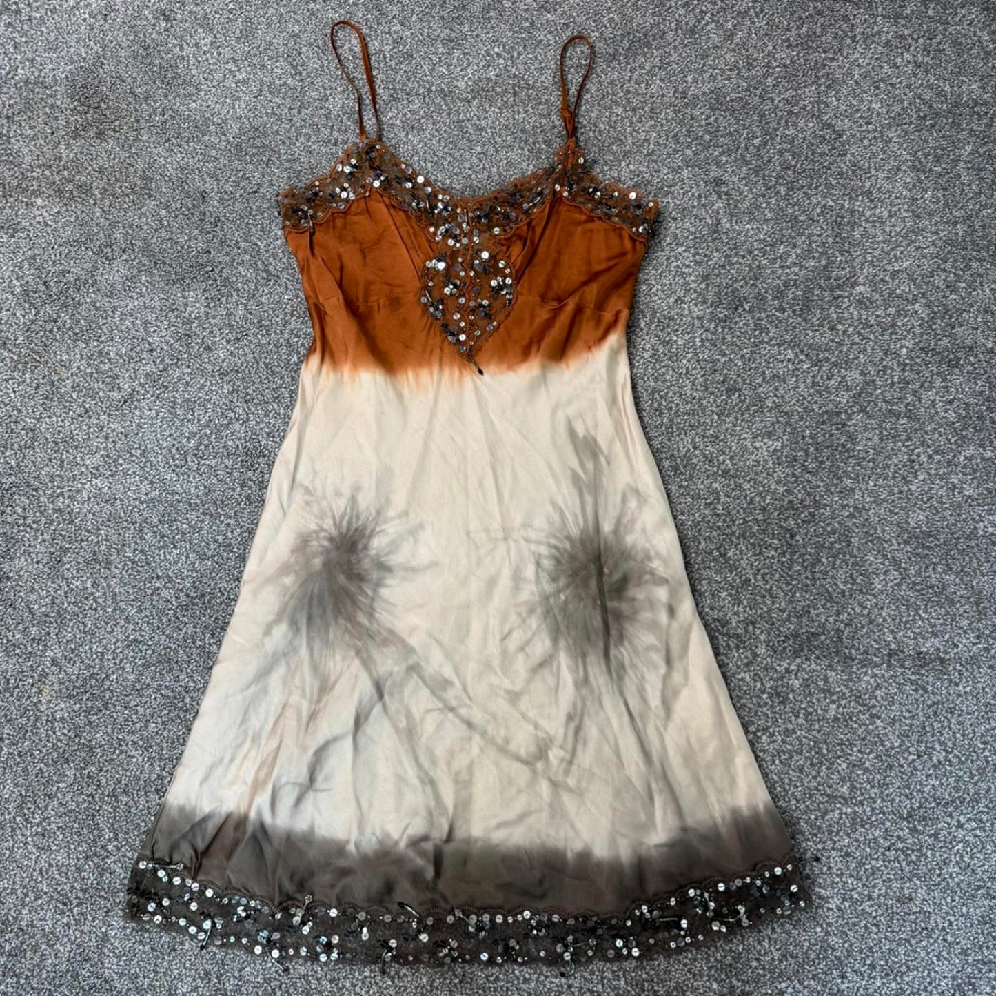 Y2K vintage Pinko 100% silk ombre sequin beaded embellished mini dress lace trim