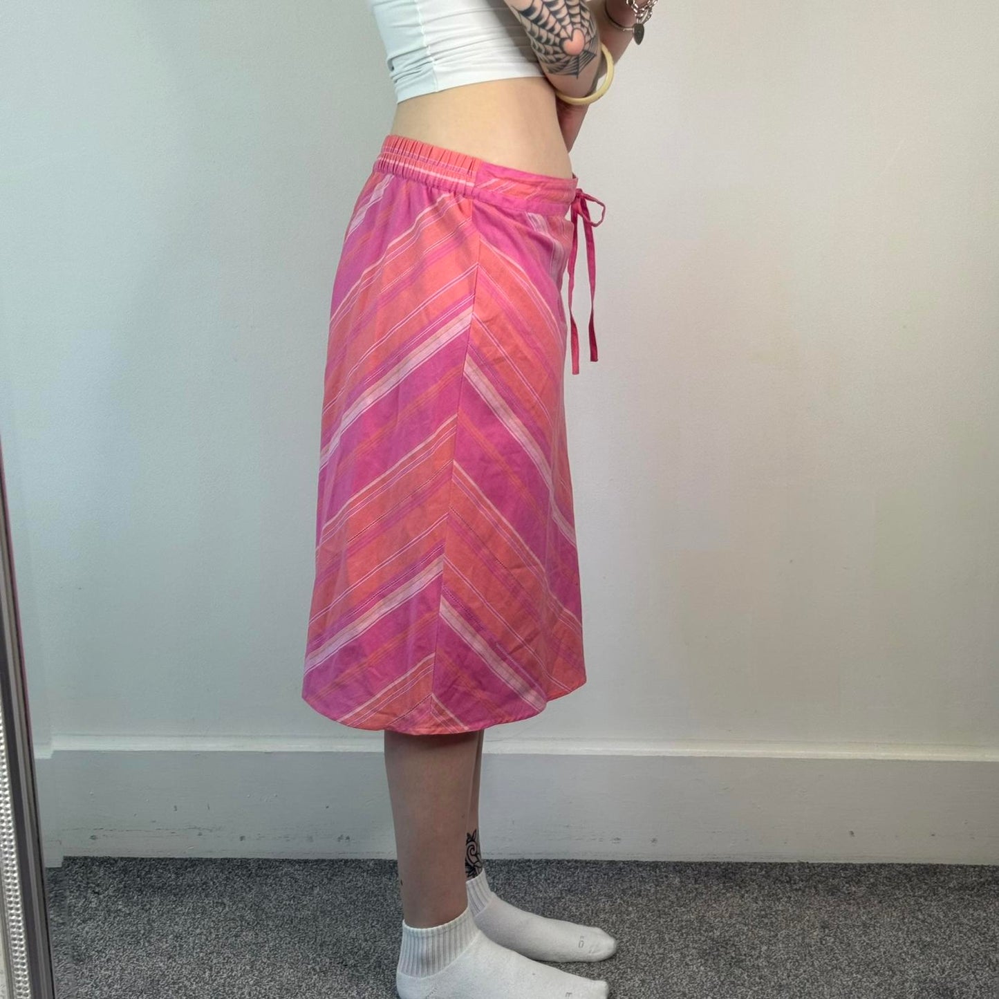 Y2K vintage stripe bow midi skirt stretchy waistband knee length lightweight