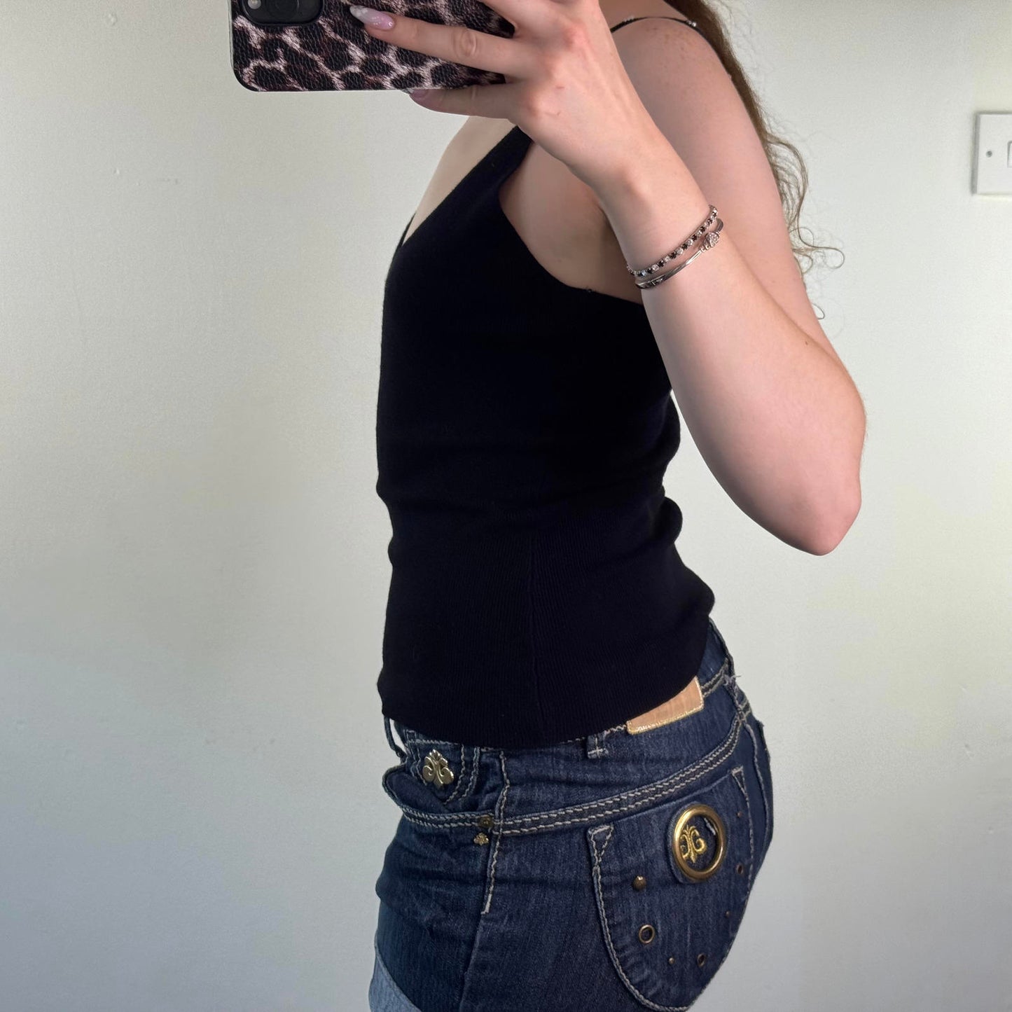 Y2K vintage fine knit cami top strappy rhinestones embellished flowers beaded