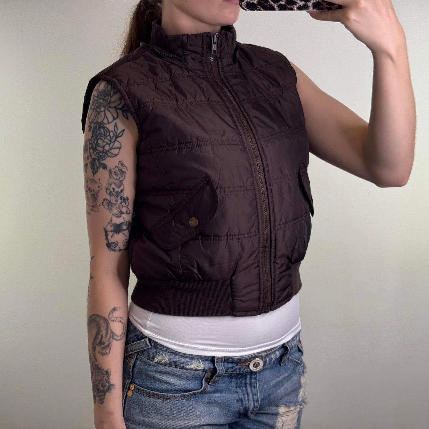 Y2K vintage lightweight puffer gilet sleeveless jacket faux fur trim hood zip up