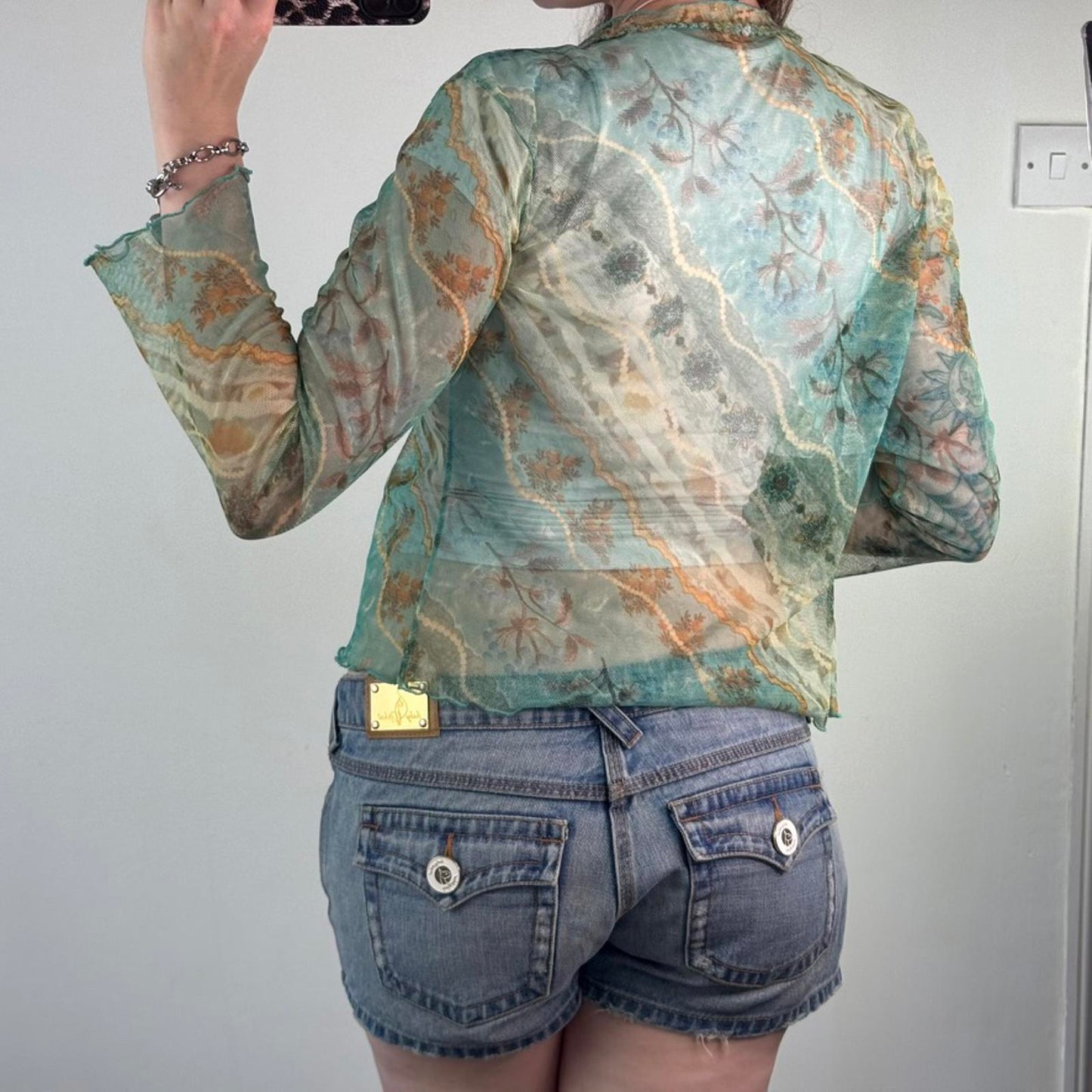 Y2K vintage mesh floral print open front cardigan long sleeve sequin