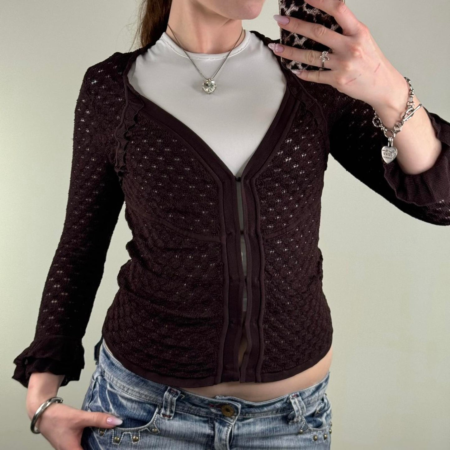 Y2K vintage Karen Millen fine knit cardigan 3/4 sleeve hook and eye frill fitted