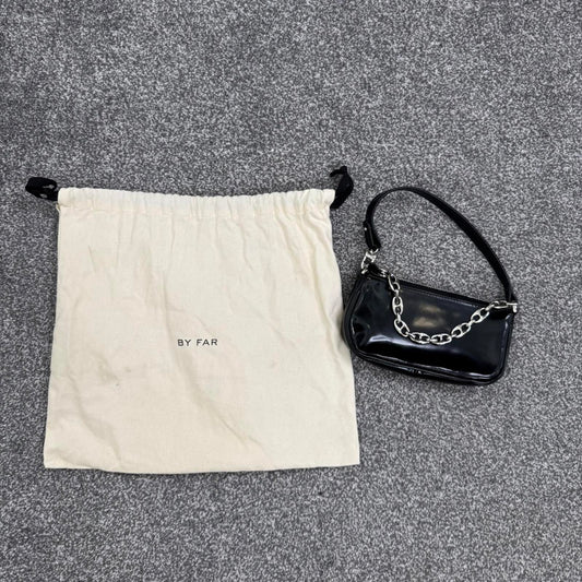 By FAR faux leather patent mini micro handbag chain small black silver dust bag
