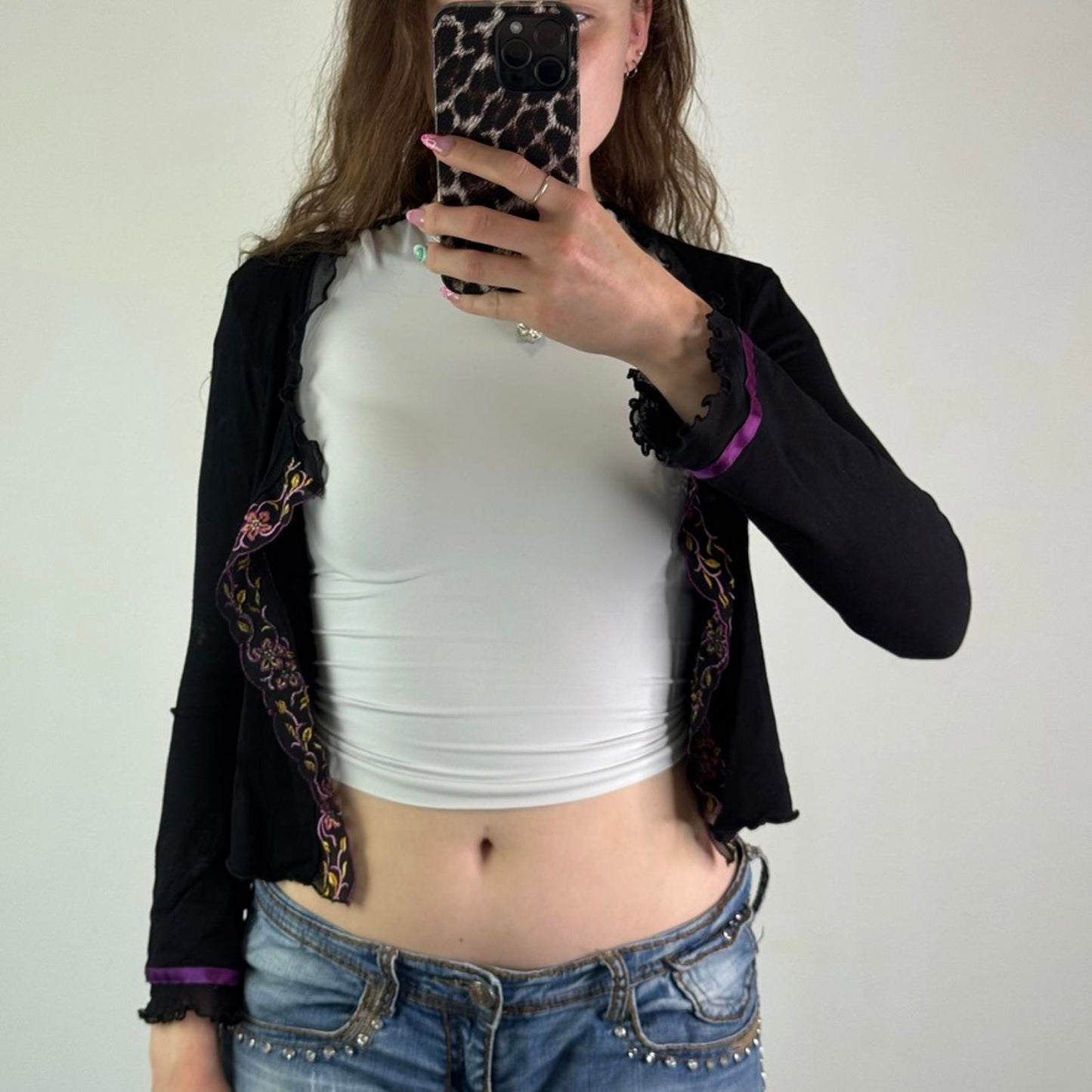 Y2K vintage floral trim cardigan hook and eye open front lettuce hem long sleeve