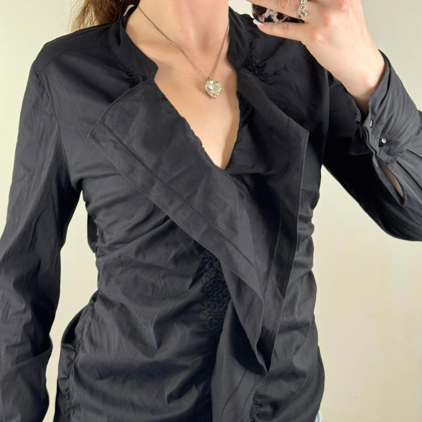 Y2K vintage blouse stretchy ruffle long sleeve v neck shirt fitted black ruched