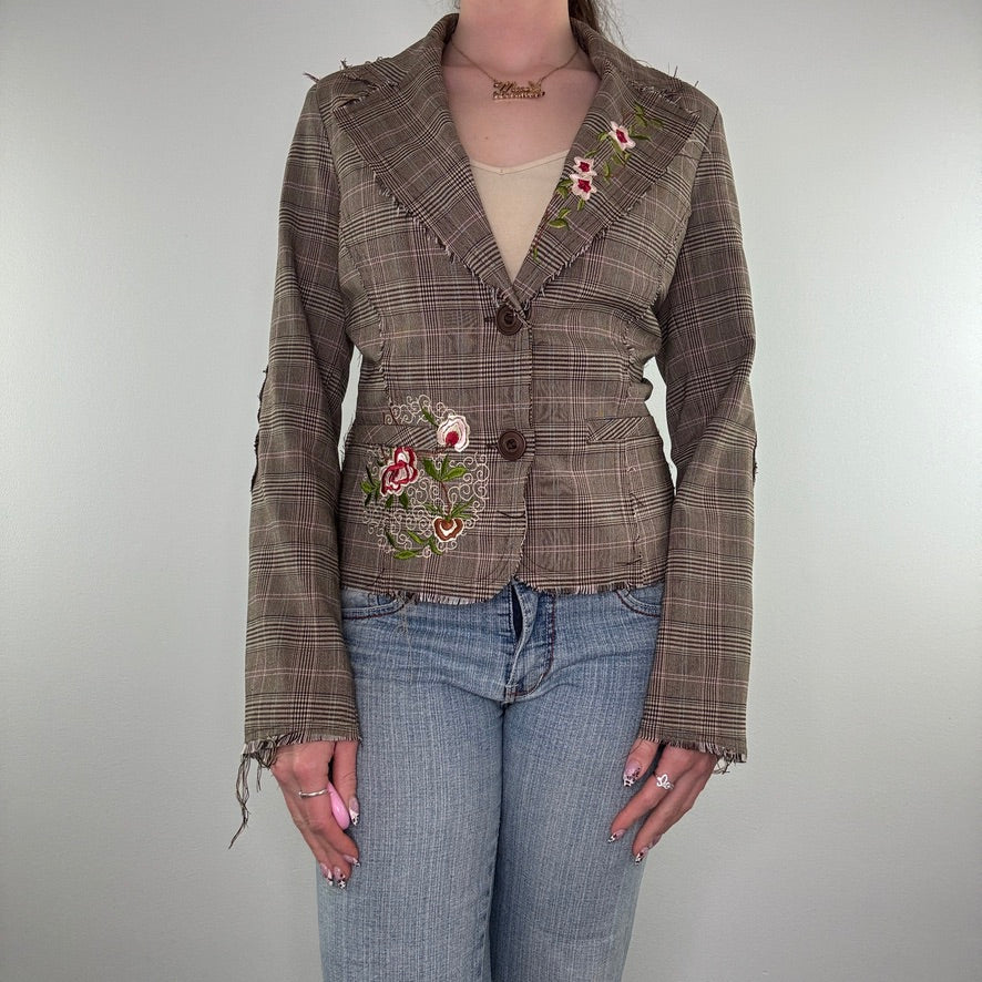 Y2K fitted tartan floral embroidered blazer