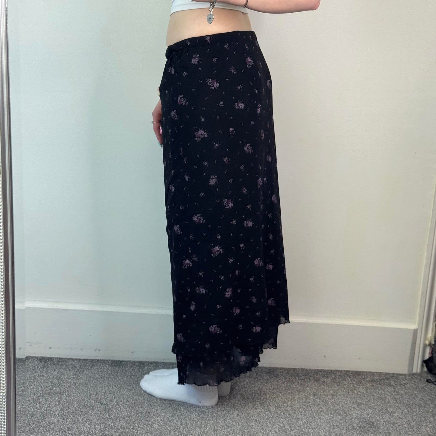 Y2K vintage black ditsy lilac floral double mesh overlay maxi skirt lettuce hem