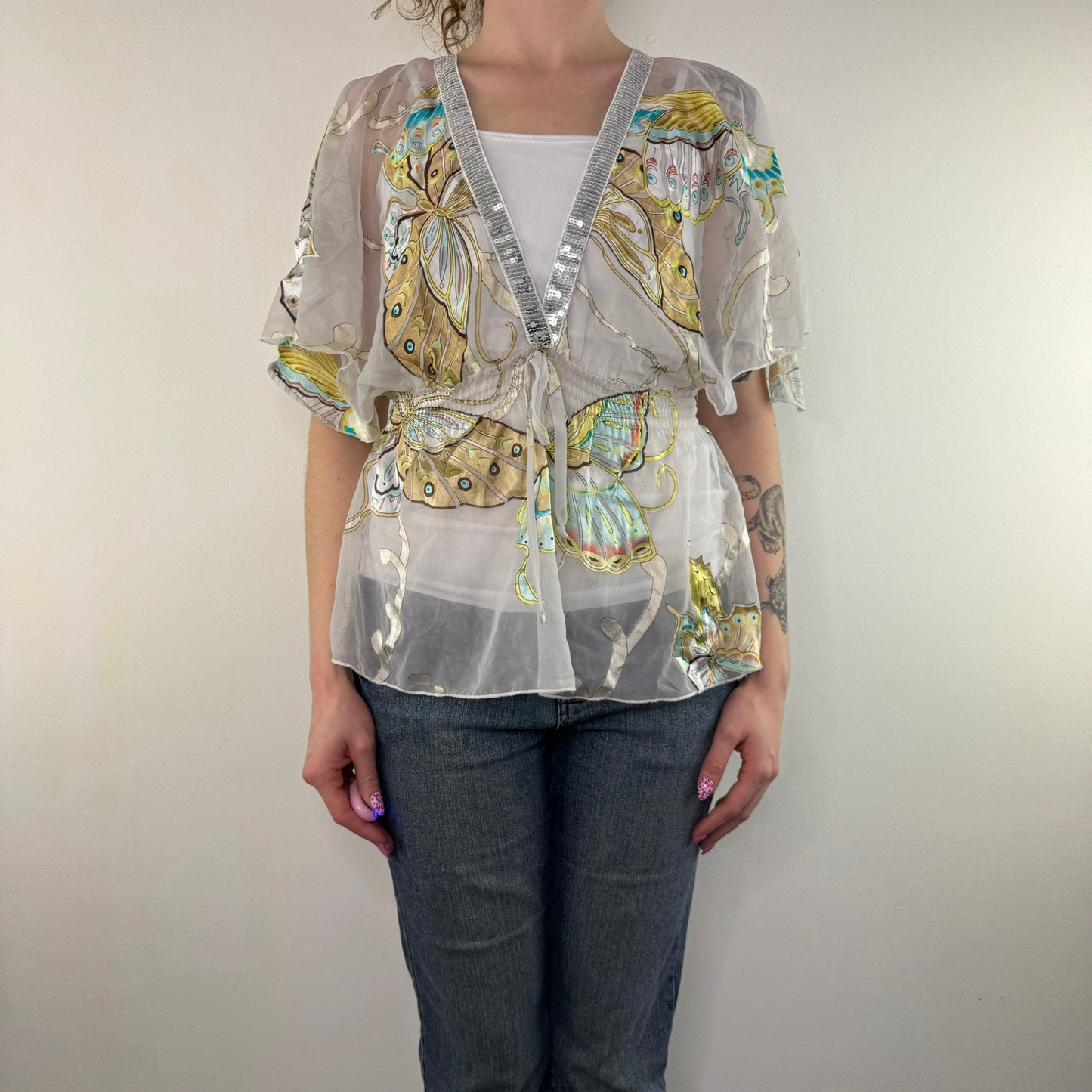 Y2K vintage silk butterfly sheer floaty top blouse